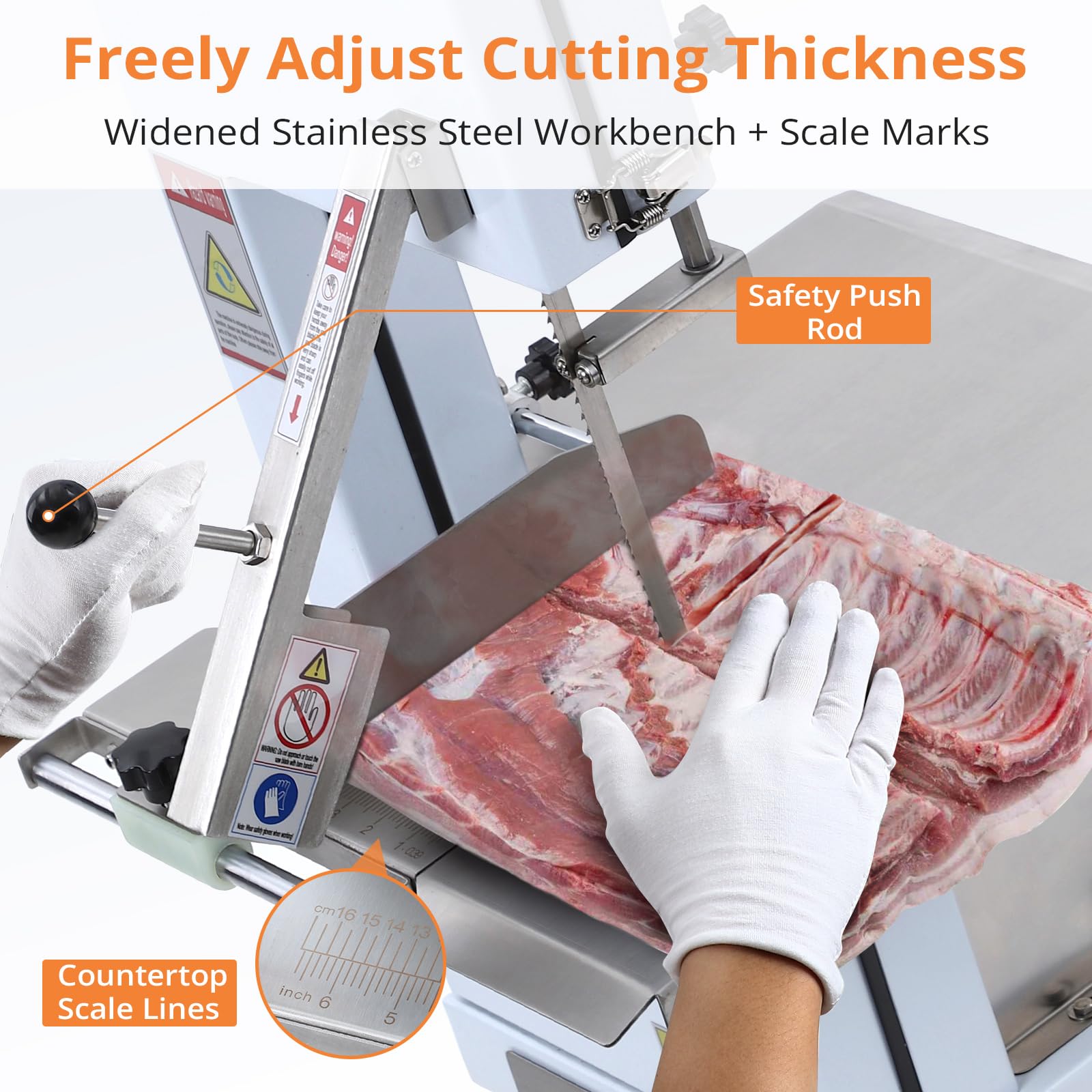 1100W Commercial Electric Meat Bandsaw - Heavy Duty Bone Cutting Machine with 6 Saw Blades (0.39-6.6 Inch Adjustable Thickness) for Beef, Pork, Chicken, Fish & Frozen Meat - Perfect for Butcher Shops, Restaurants & Food Processing (1100W)