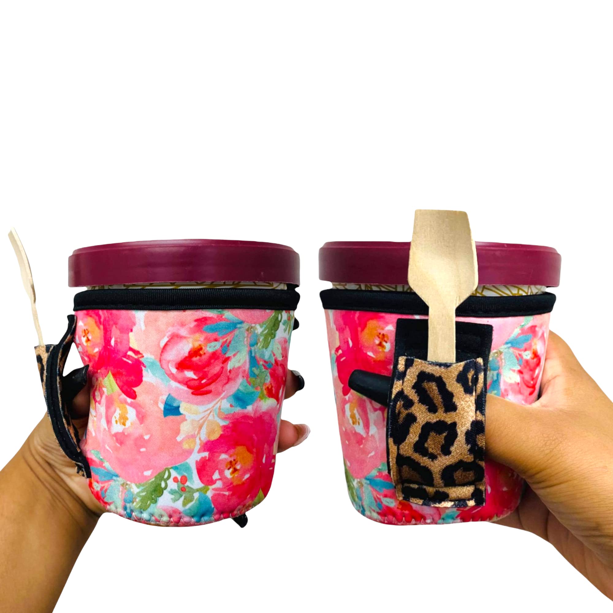 Neoprene Ice Cream Cooler Sleeve with Handle & Pocket - Leak Proof & Machine Washable Pint Holder for Frozen Desserts - Tear Resistant Summer Blooms Leopard Design - Perfect for Picnics, Beach Trips & Outdoor Parties
