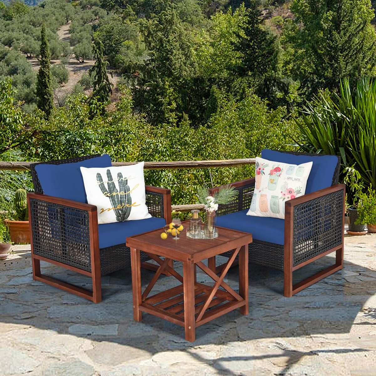 HAPPYGRILL 3-Piece Outdoor Patio Furniture Set - Wicker Chairs with Coffee Table, Acacia Wood Frame & Washable Cushions - Perfect for Garden, Poolside, Backyard, Balcony & Porch Relaxation