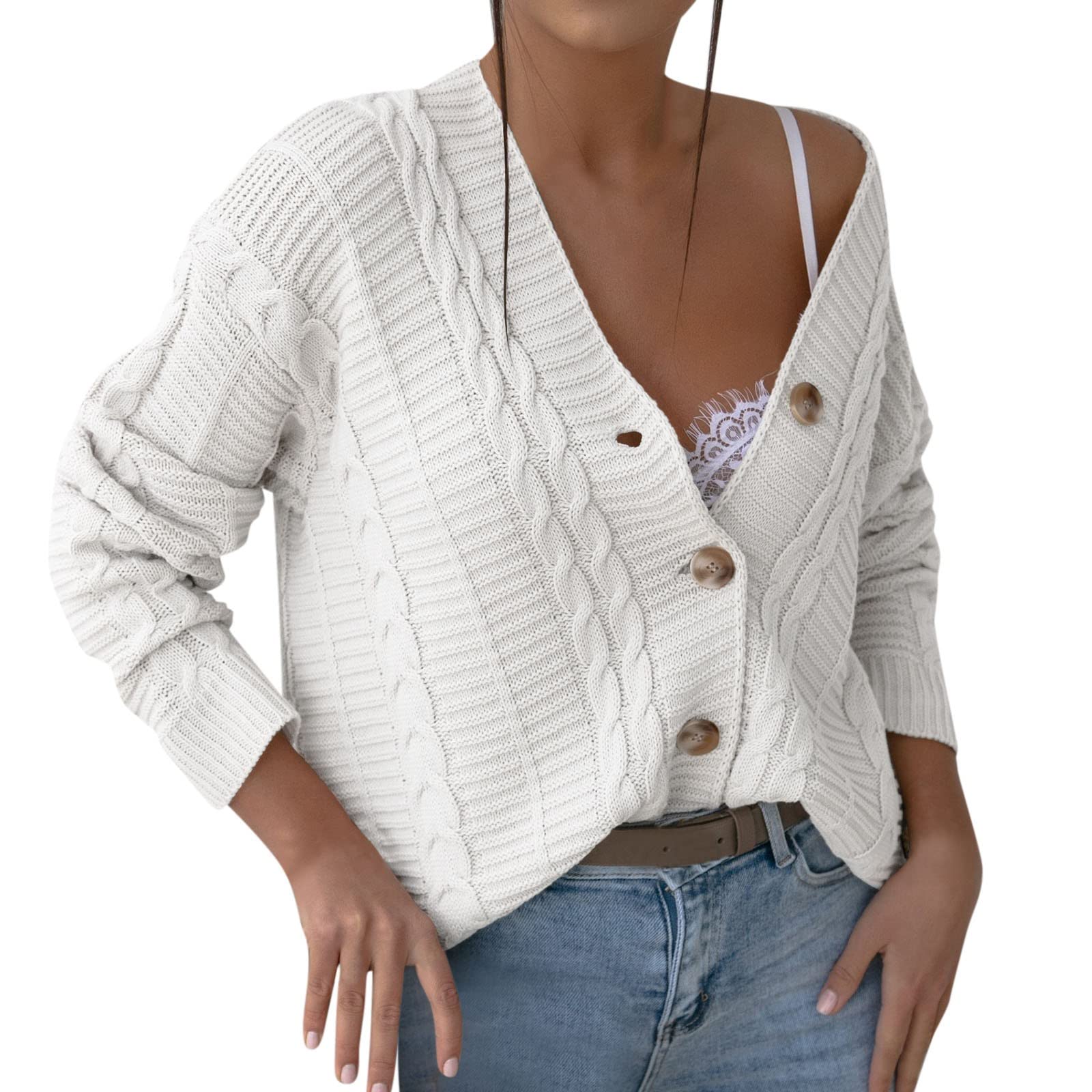 Women's Casual Solid Twist Crochet Sweater Cardigan - V Neck Loose Long Sleeve Coat Top for Fall & Winter | Cozy Office Wear & Weekend Outfits