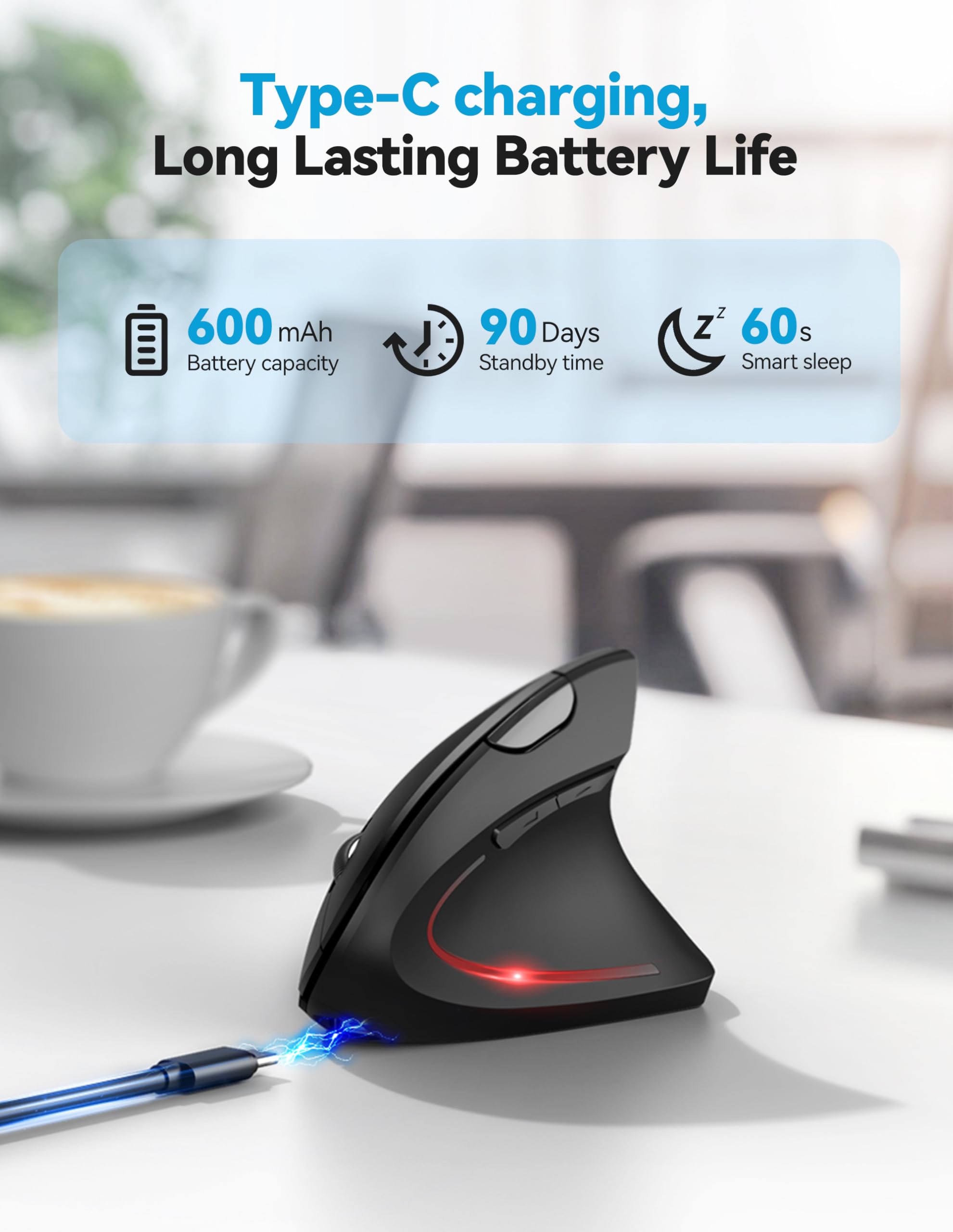 TECKNET Ergonomic Wireless Mouse - Rechargeable Bluetooth Vertical Mouse with 4800 DPI, Silent Click, 3-Device Connectivity for Carpal Tunnel Relief | Perfect for Office, Home & Travel Use with Laptop, PC, MacBook & iPad (Black)
