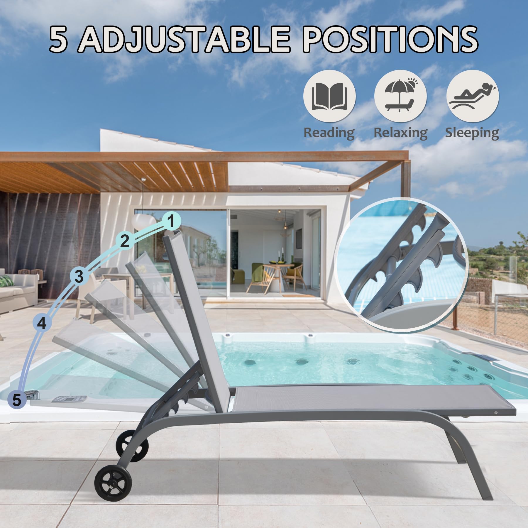 Domi 3-Piece Adjustable Aluminum Pool Lounge Chairs Set with Wheels & Side Table - All-Weather Textilene Outdoor Chaise Lounges for Deck, Lawn, Poolside & Backyard Relaxation | Perfect for Sunbathing, Lounging by the Pool, and Outdoor Entertaining
