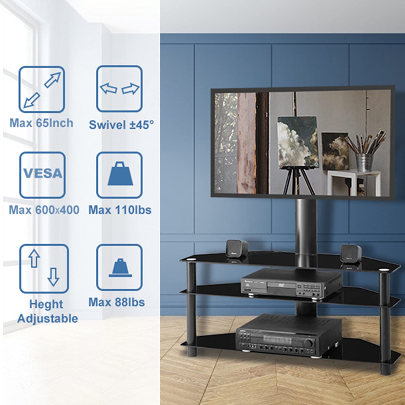 Adjustable Swivel Floor TV Stand for 32-65 Inch TVs - 3-Tier Tempered Glass Media Console with Height Adjustable Bracket - Perfect for Living Room, Bedroom & Home Theater Entertainment Setup