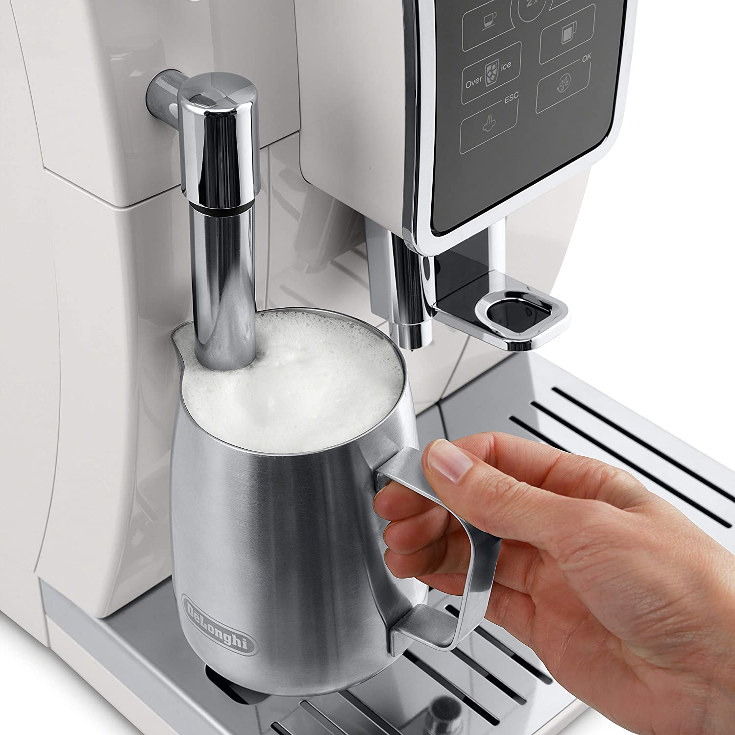 De'Longhi Dinamica Fully Automatic Coffee & Espresso Machine with Iced Coffee Function, Manual Milk Frother - White | Perfect for Home, Office & Entertaining | Fresh Brewed Coffee, Latte & Cappuccino Maker