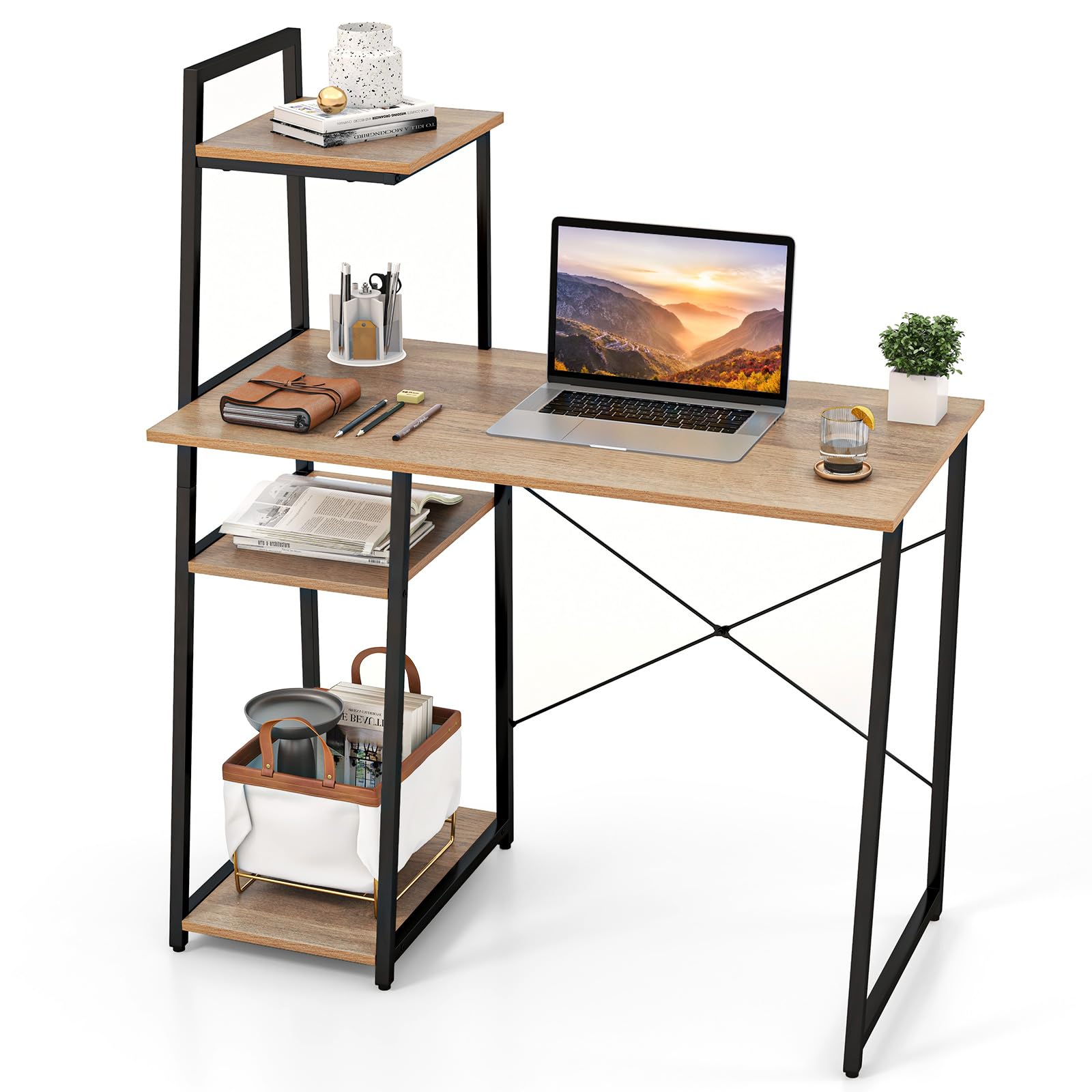 Tangkula Space Saving Computer Desk with 3-Tier Ladder Shelf - Modern Home Office Desk with Metal Frame, Compact Writing Study Table & Storage Bookshelf for Small Spaces (Natural) - Perfect for Home Office, Dorm Room, and Small Apartment Workspaces