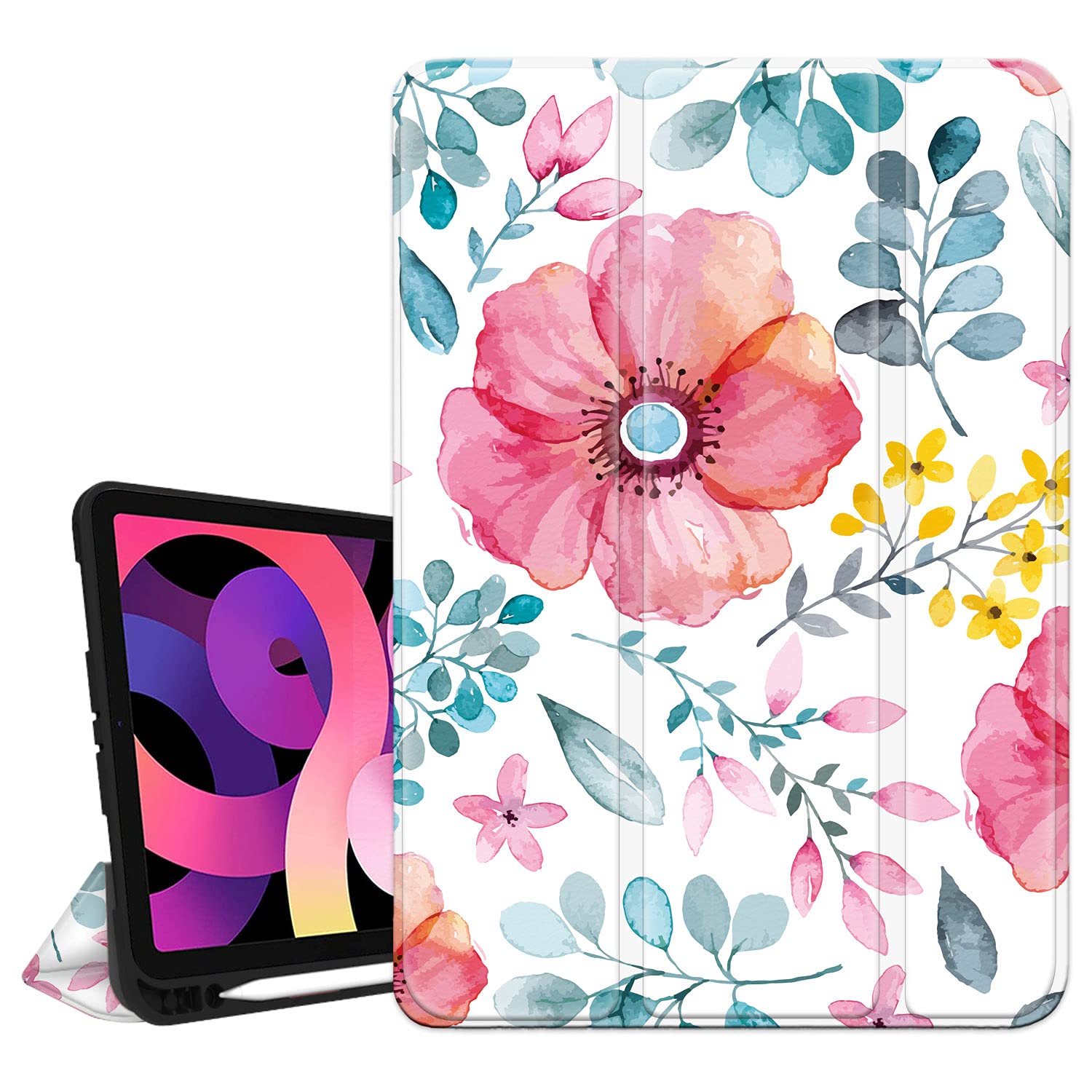 Hepix iPad Air 5th & 4th Generation Case (2022/2020) with Pencil Holder - Slim Trifold Stand Cover for 10.9 inch iPad Air 5 - Pink Floral Watercolor Design - Shockproof Protective Case with Auto Sleep/Wake - Perfect for Work, School & Travel