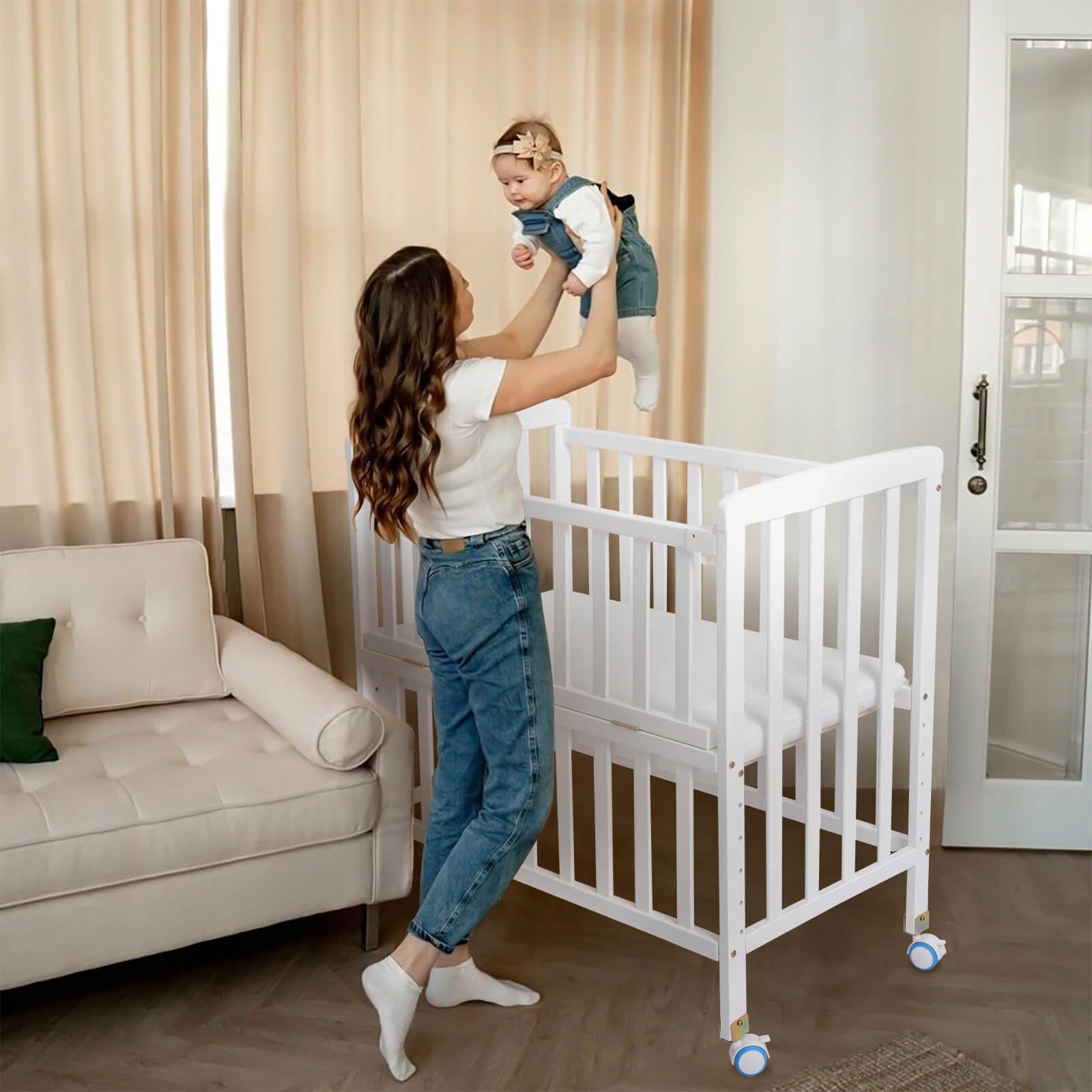 **Pine Wood Baby Bassinet Bedside Sleeper - Adjustable 6 Height Co-Sleeper Crib with Mattress for Newborns & Infants | Portable Nursery Bed for Safe Sleep, Breastfeeding & Room Sharing (White)**
