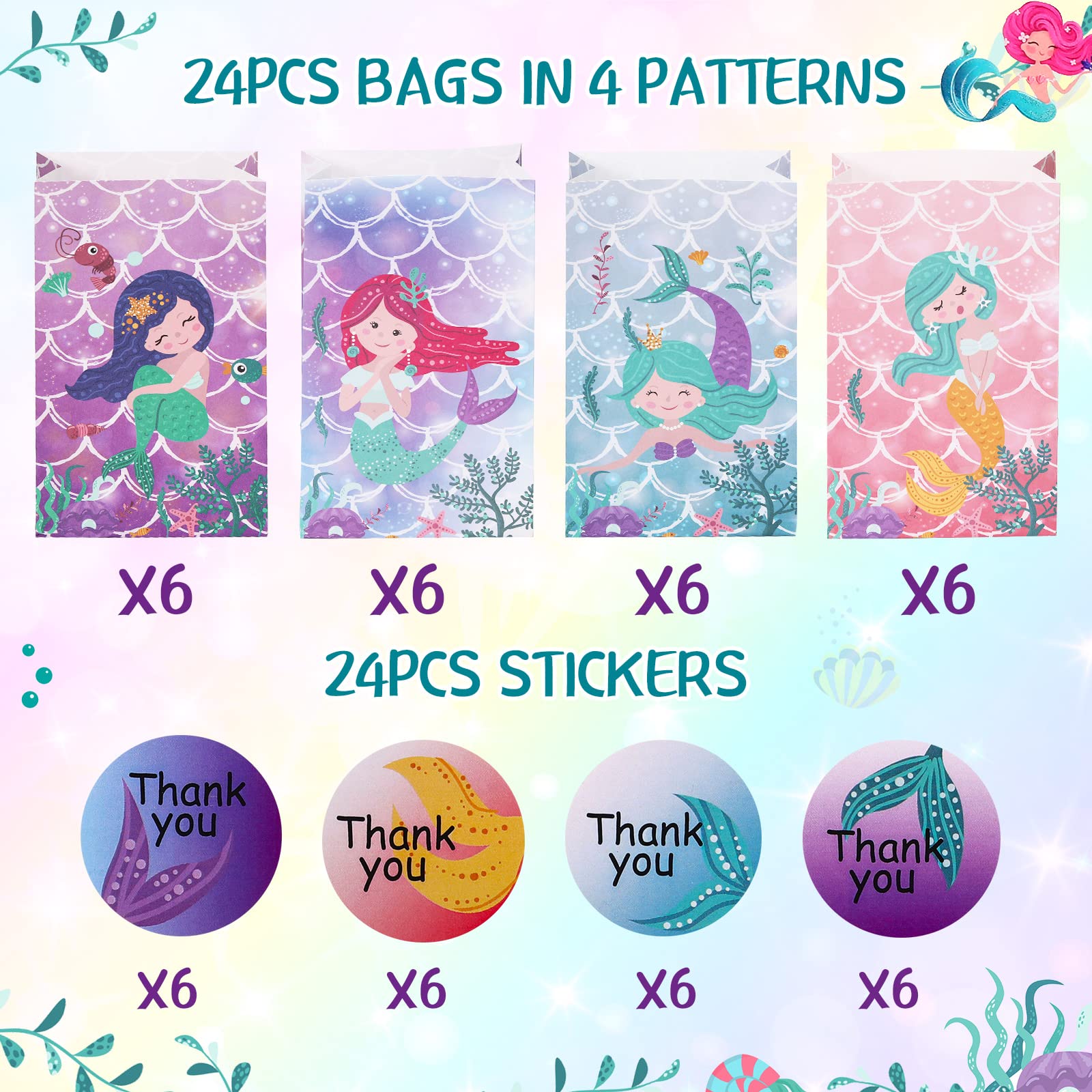 24 Pack Mermaid Party Favor Gift Bags for Girls - Mermaid Themed Birthday Party Supplies with Stickers - Perfect for Kids Birthday Parties, Baby Showers & Mermaid Decorations