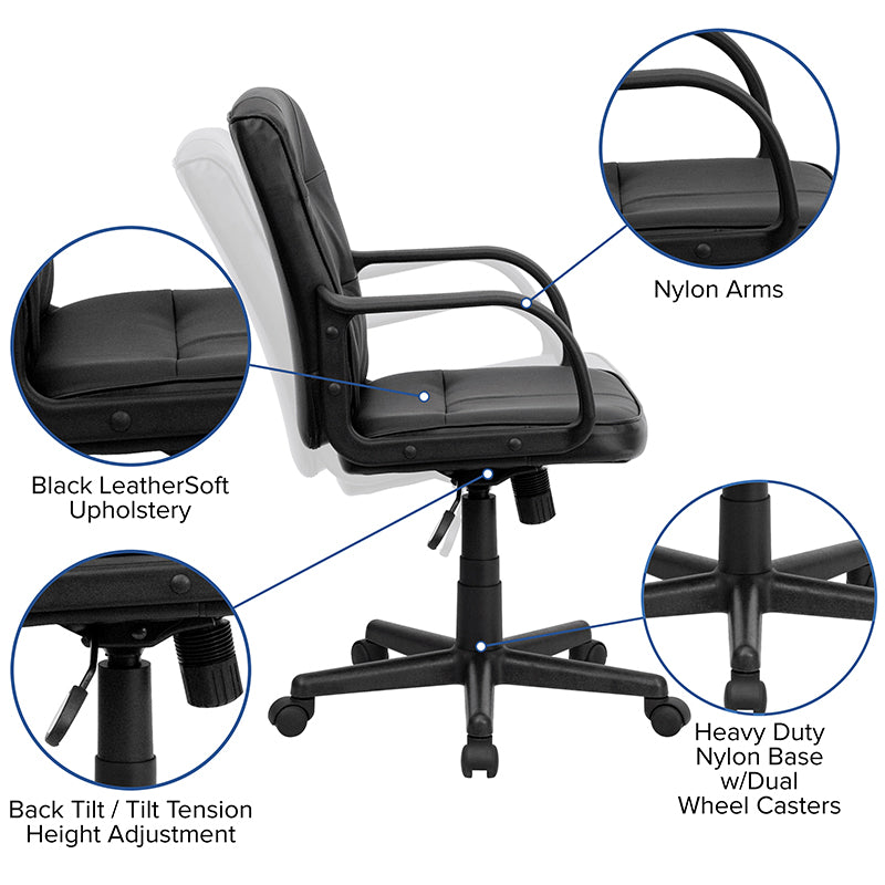 FLASH Rider Mid Back Black LeatherSoft Swivel Task Office Chair with Arms - Ergonomic Desk Chair for Home Office, Gaming & Workspace Comfort