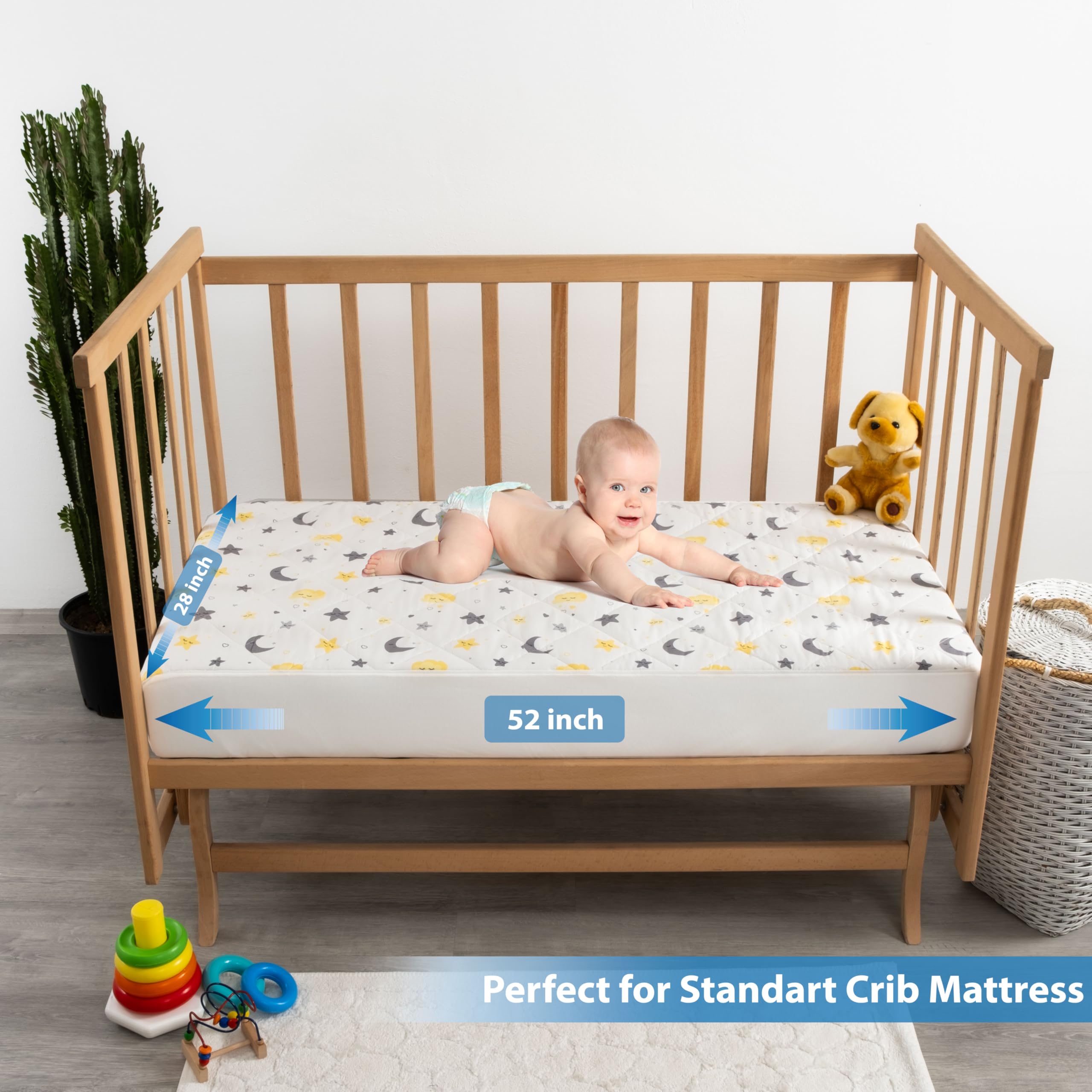 Waterproof Crib Mattress Protector - 100% Cotton Quilted Absorbent Sheet for Baby & Toddler - Certified Noiseless Machine Washable - Moon & Star Pattern 52