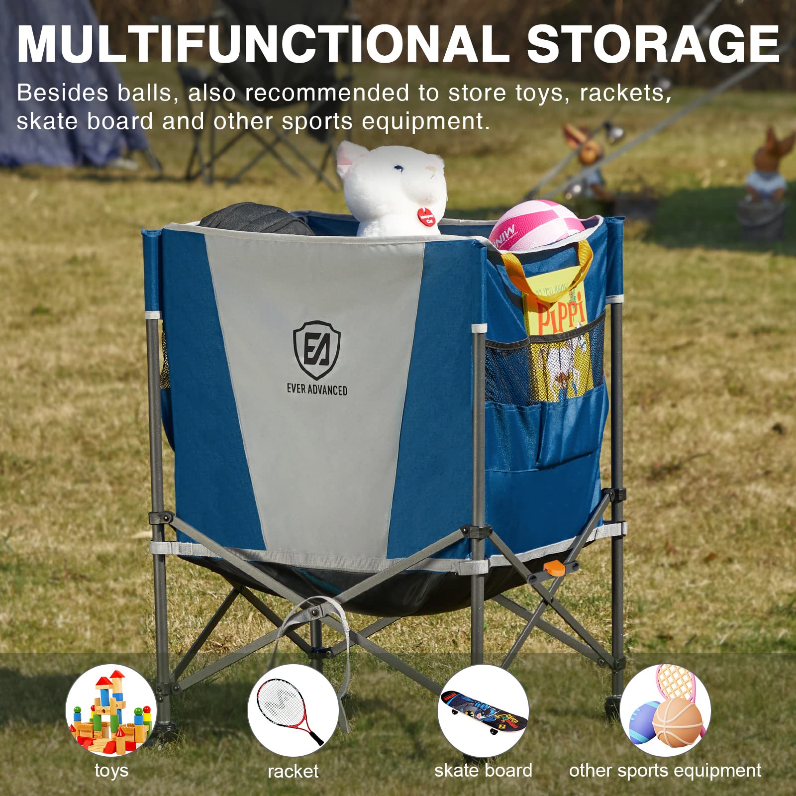 EVER ADVANCED Rolling Ball Storage Cart with Lockable Wheels - 33 x 22.8 Inch Collapsible Sports Equipment Organizer for Volleyball, Basketball, Tennis & Toys | Multi-Purpose Garage, Gym & Home Storage Solution | Perfect for Sports Teams, Schools & Family Organization