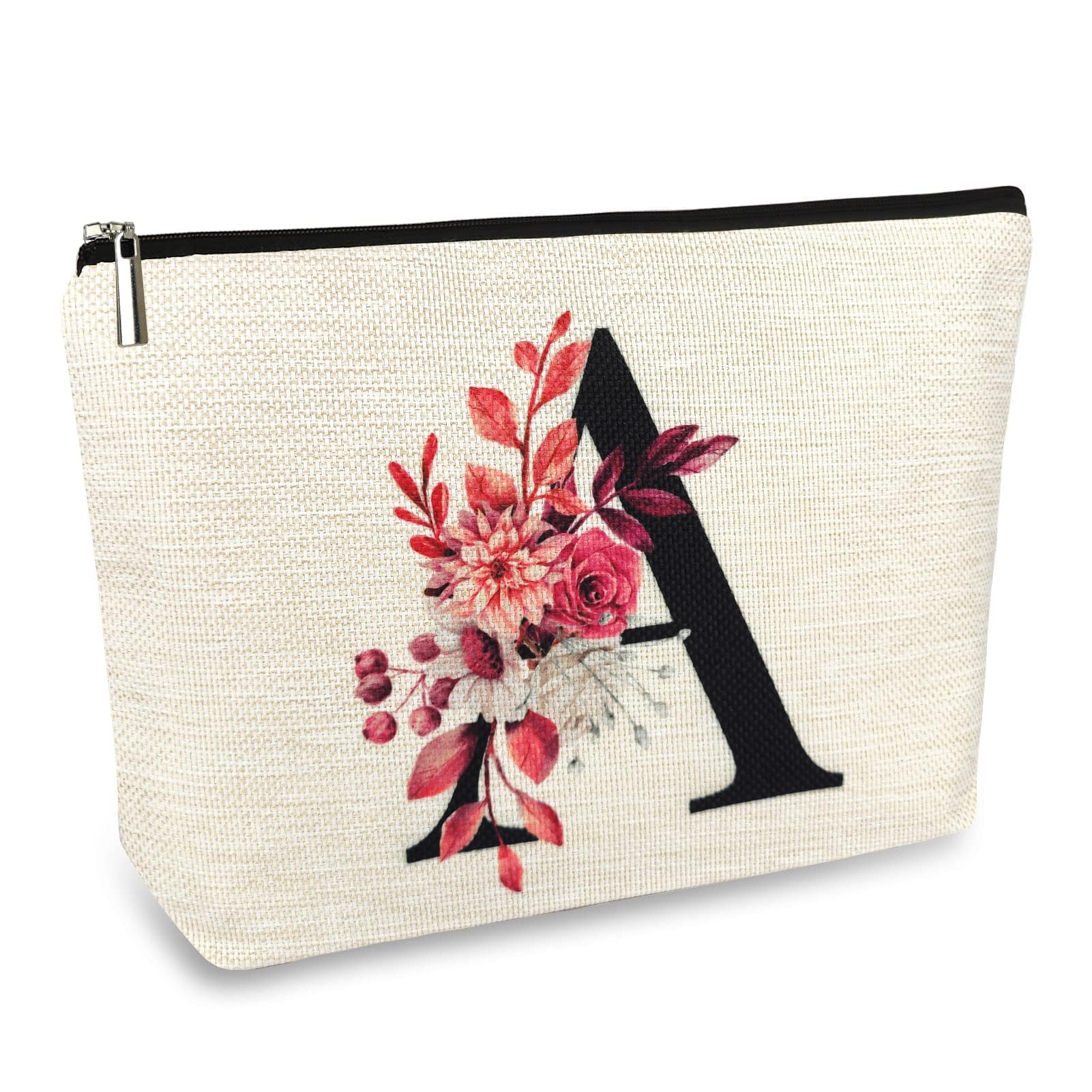 Personalized Floral Monogram Makeup Bag - Custom Initial A-Z Cosmetic Pouch for Women, Mom, Best Friend, Bride, Bridesmaid & Grandma - Perfect Birthday, Mother's Day, Christmas Gift - Small Travel Toiletry Bag for Everyday Use, Bridal Shower & Vacation Essentials (A)