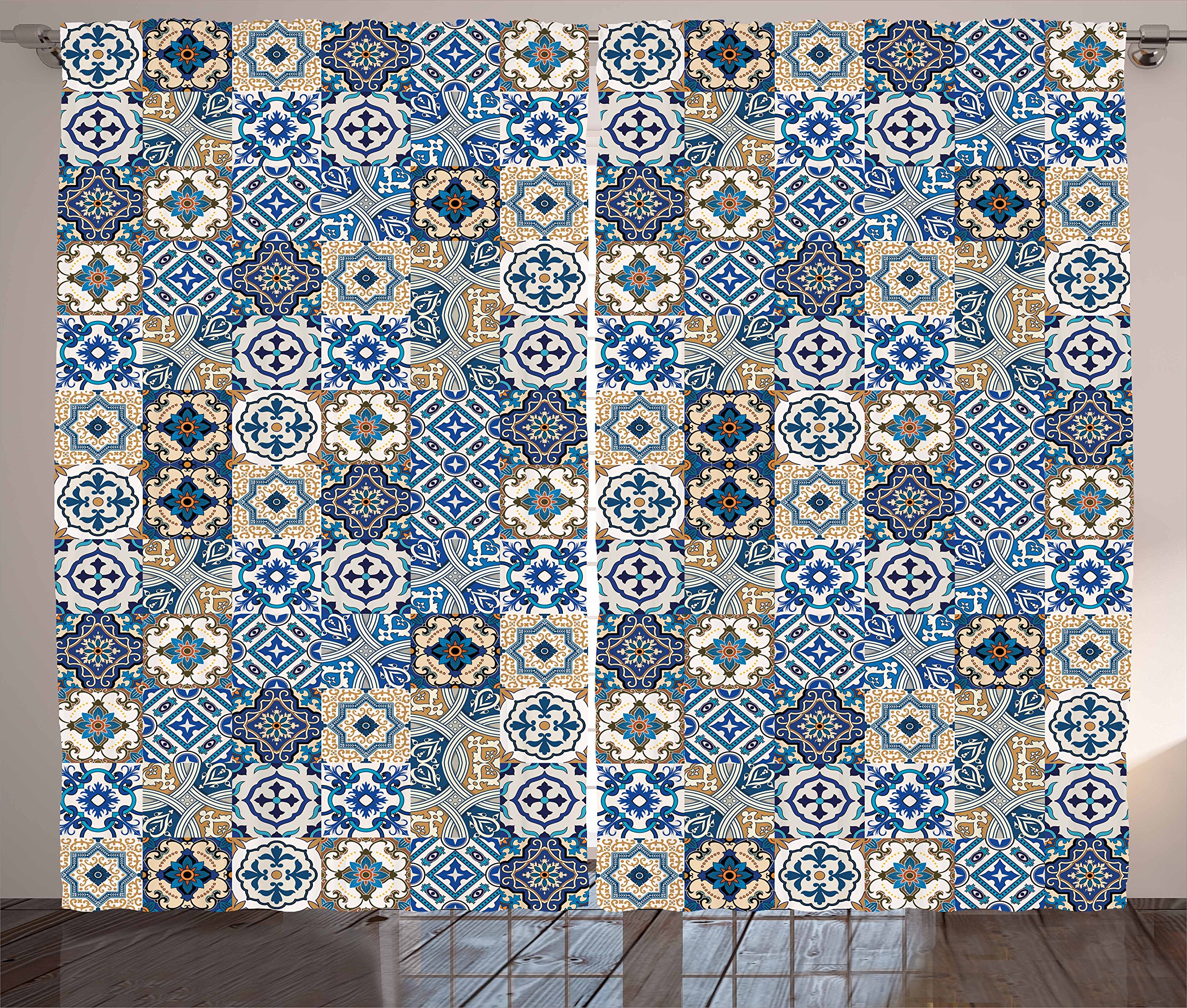 Ambesonne Moroccan Curtains - Azulejo Tile Pattern with Oriental Motifs, 2 Panel Window Drapes 108