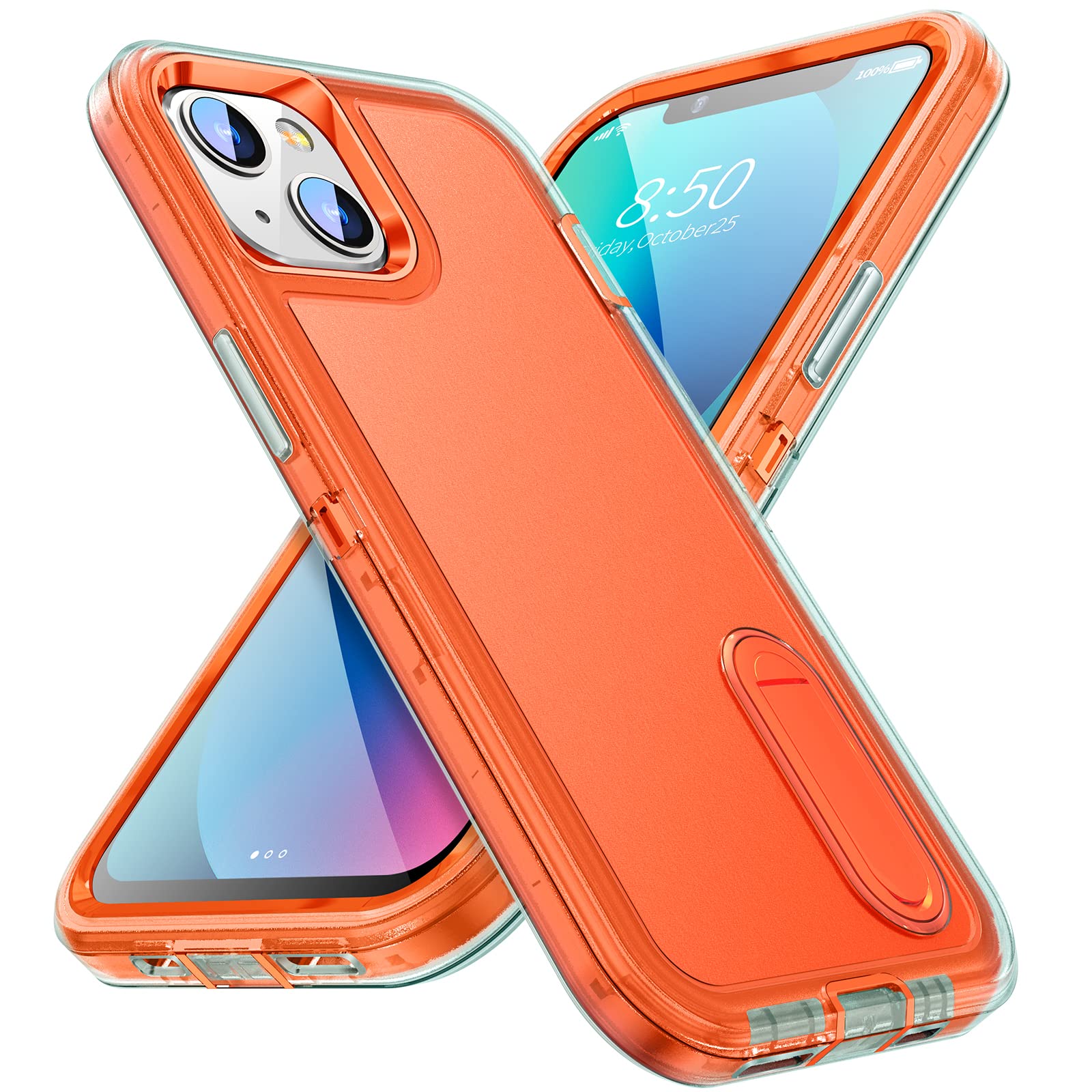 AFARER Military Grade Shockproof iPhone 13 Case with Kickstand - 3-Layer Heavy Duty Drop Proof & Dustproof Protective Cover (Orange) - Perfect for Outdoor Adventures, Work & Travel