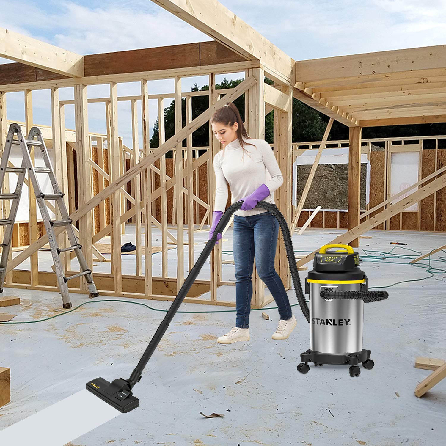 STANLEY 4 Gallon Wet Dry Vacuum Cleaner - 4 Peak HP Portable Shop Vac with Stainless Steel Tank for Job Site, Garage, Basement, Workshop | Powerful Cleaning for Construction, DIY Projects & Home Maintenance