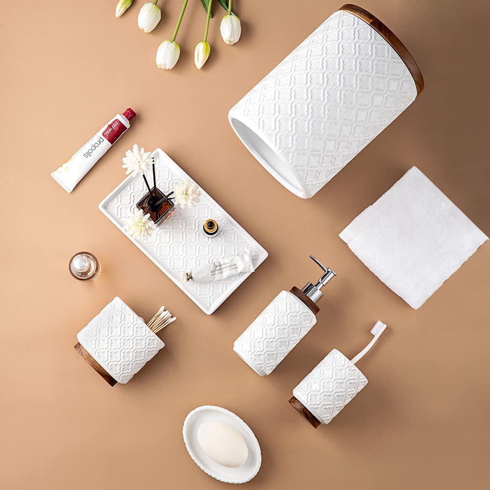 Premium 6-Piece Ceramic & Wood Bathroom Accessories Set - Toothbrush Holder, Soap Dispenser, Tray, Tumbler, Soap Dish & Trash Can in Elegant White | Modern Bathroom Organization for Homes, Hotels & Guest Rooms
