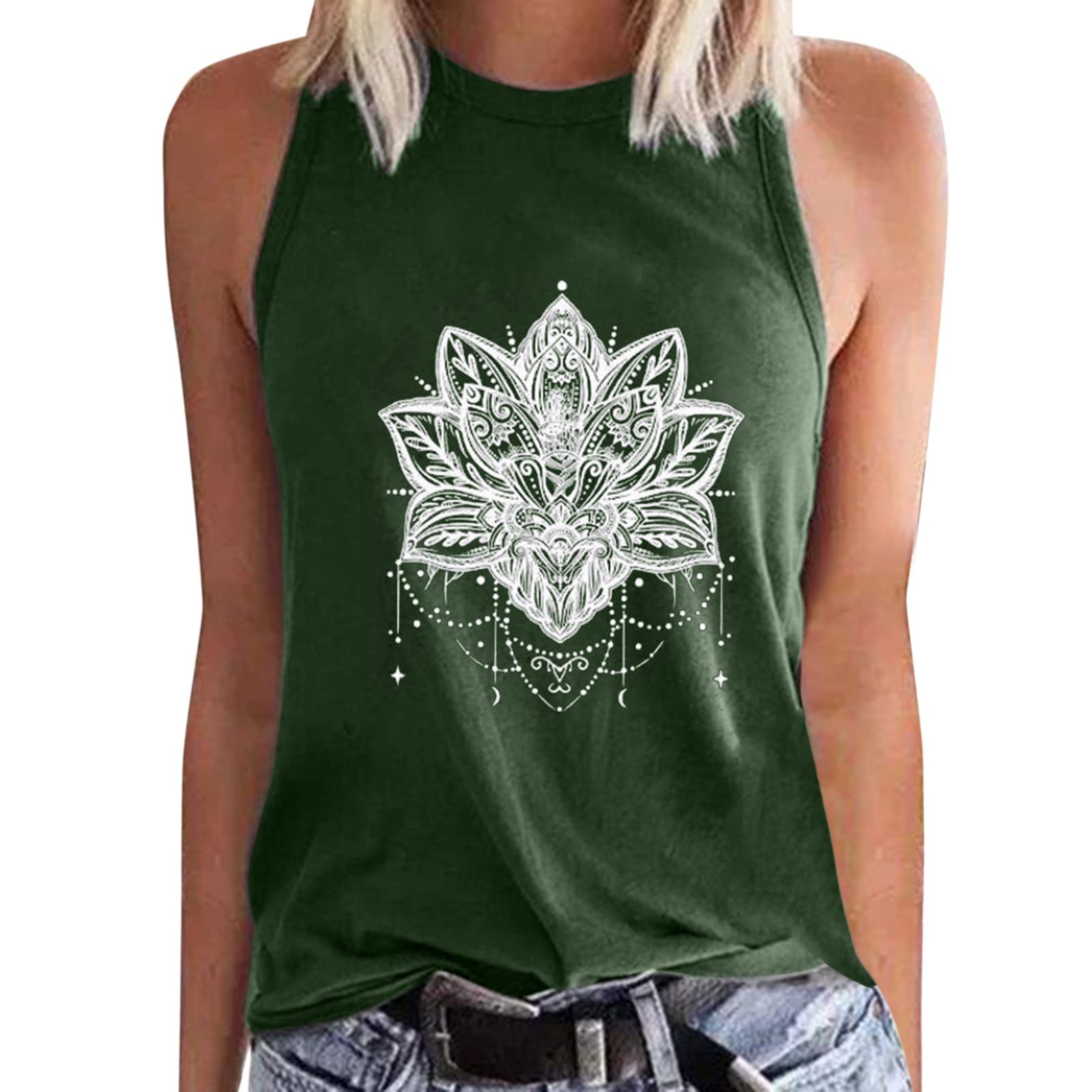 Kelly Bro Women's Sleeveless Tank Tops - Summer Casual Loose Fit Crewneck Shirts with Lotus Floral Print - Cute Graphic Tee for Beach, Yoga & Everyday Wear