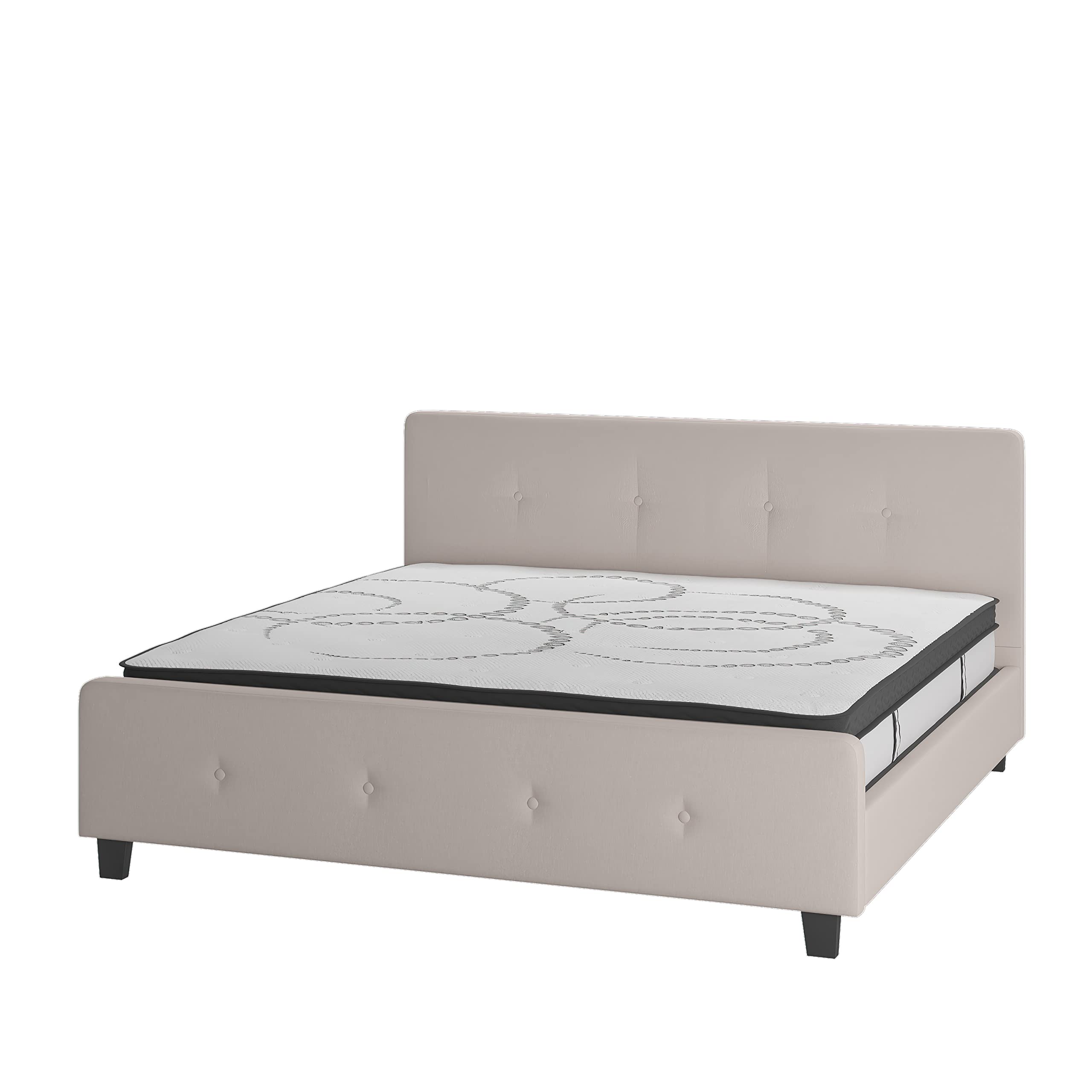 Flash Furniture Tribeca King Size Tufted Upholstered Platform Bed - Beige Fabric with 10 Inch CertiPUR-US Certified Pocket Spring Mattress | Modern Bedroom Furniture for Master Suite, Guest Room & Apartment