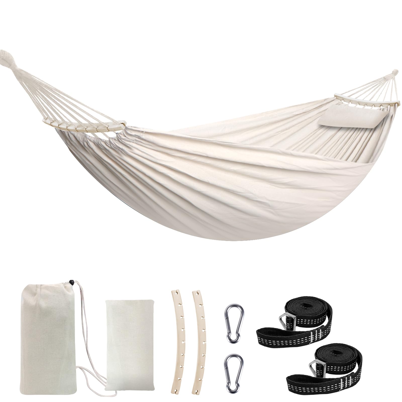 **Chihee Extra Large Cotton Hammock - Soft & Breathable Camping Hammock with Detachable Spreader Bar & Pillow - Supports 660lbs - Includes 2 Strong Webbings & 2 Carabiners - Perfect for Patio, Garden, Indoor & Outdoor Relaxation**