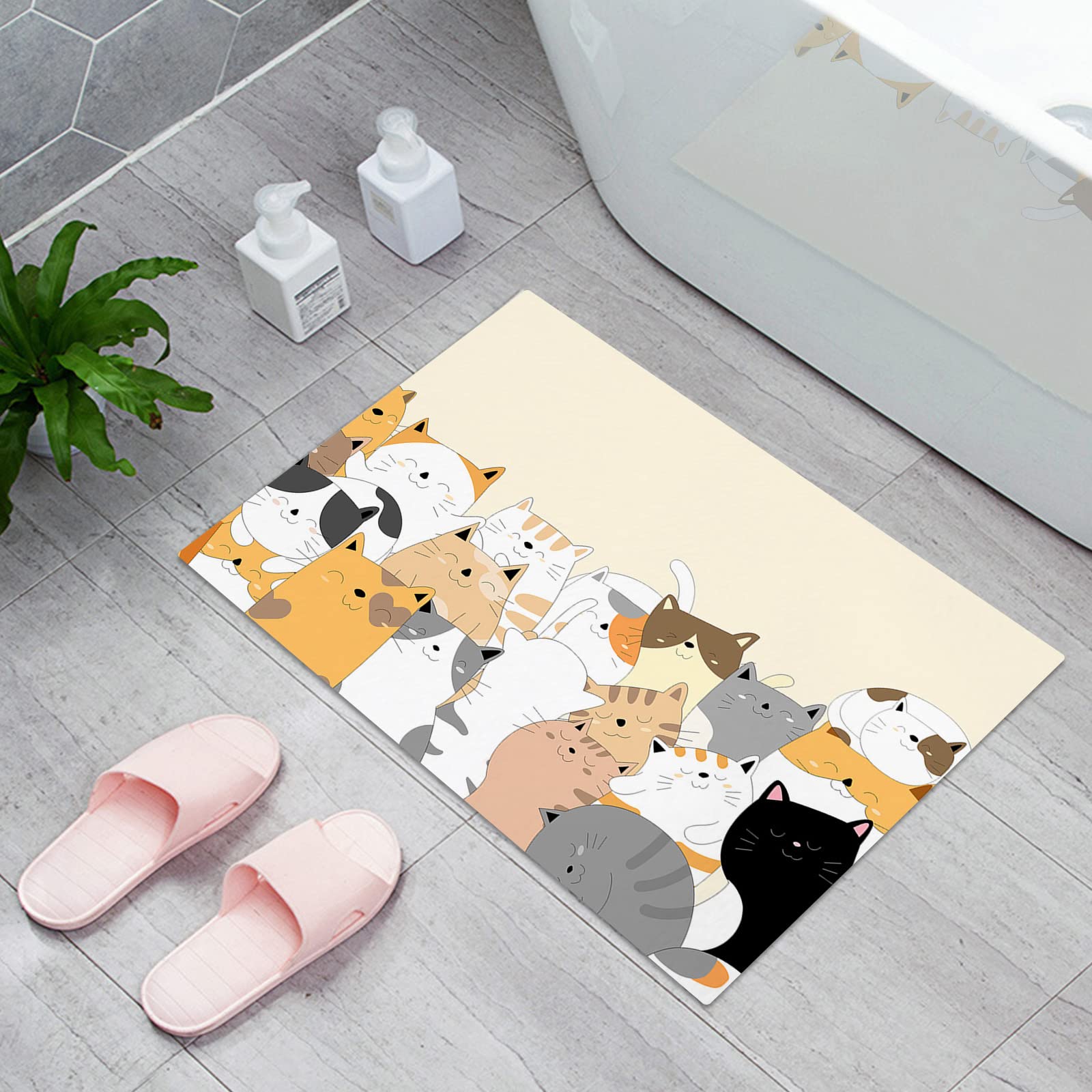 Non-Slip Absorbent Indoor Doormat - Cute Cartoon Cat Design Bath Rug for Front Door, Kitchen & Farmhouse Decor | Perfect for Bathroom, Bedroom & Living Room Floor Mats (Beige)