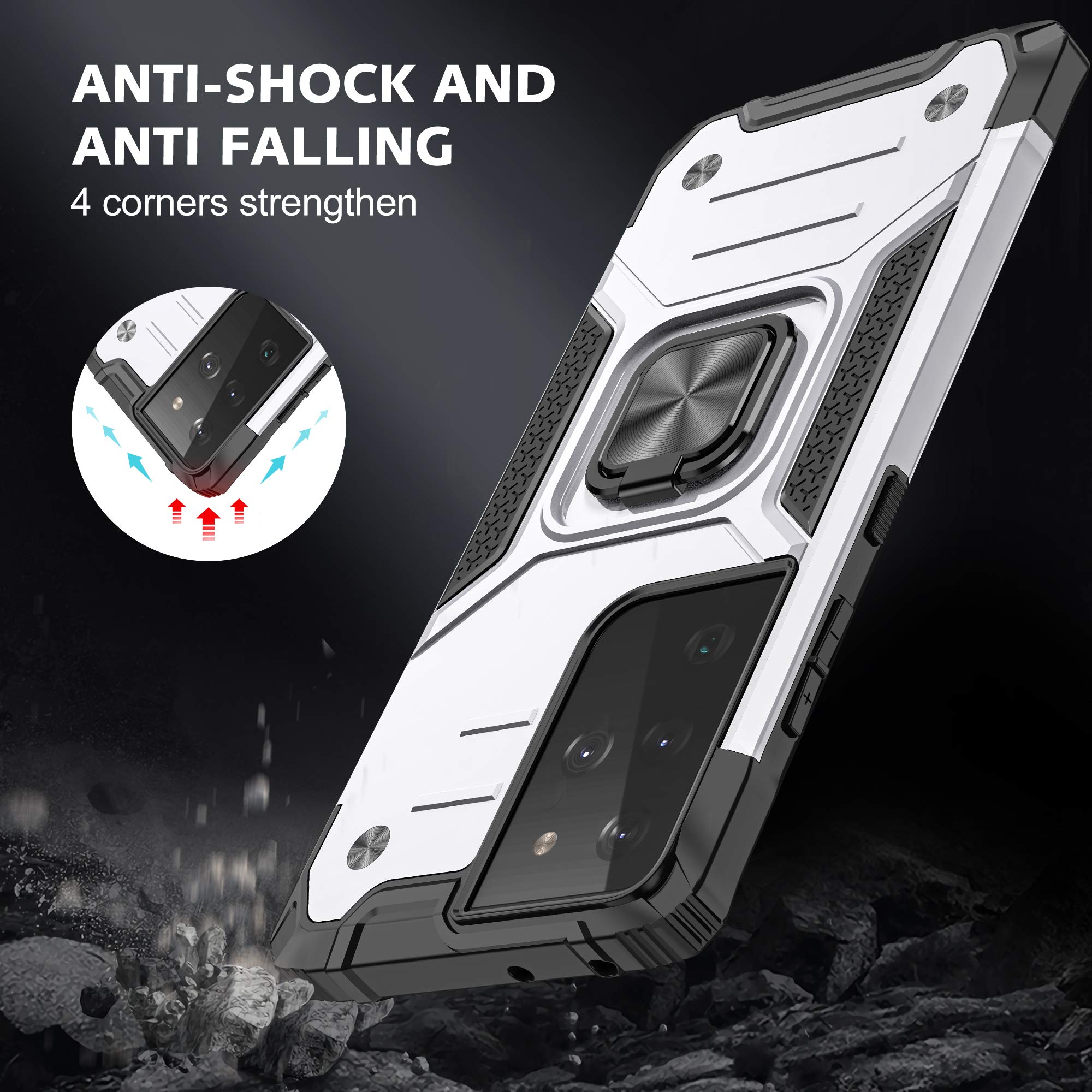 Military Grade Shockproof Case for Samsung Galaxy S21 5G - Ultra Slim Armor Ring Holder with Rotatable Kickstand | Durable TPU Bumper & Hard PC Protection (Silver) | Perfect for Outdoor Activities, Travel & Daily Use