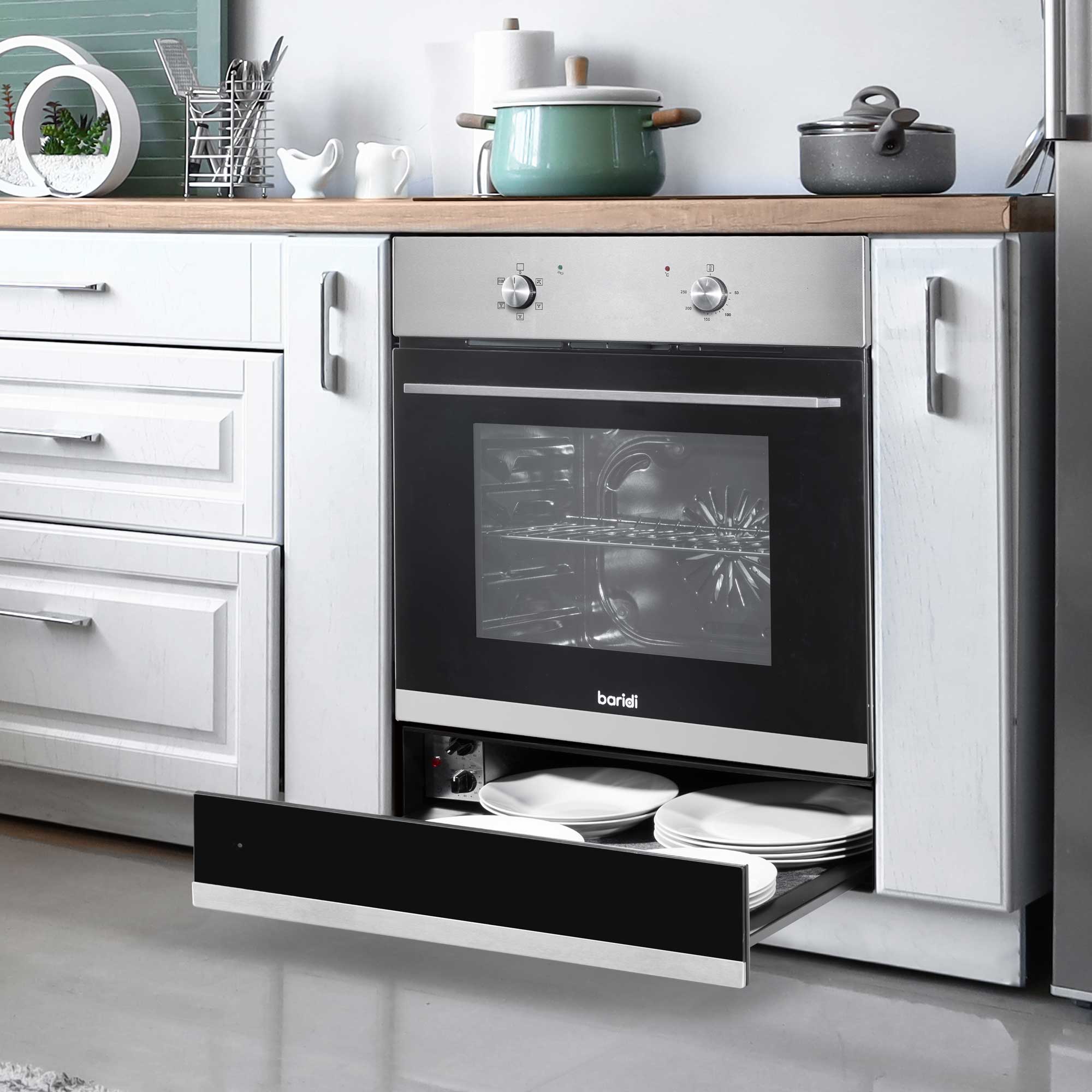 Baridi 60cm 4-Function Fan Assisted Oven with 60cm Warming Drawer Bundle - Stainless Steel DH233 | Perfect for Baking, Roasting & Food Warming in Modern Kitchens
