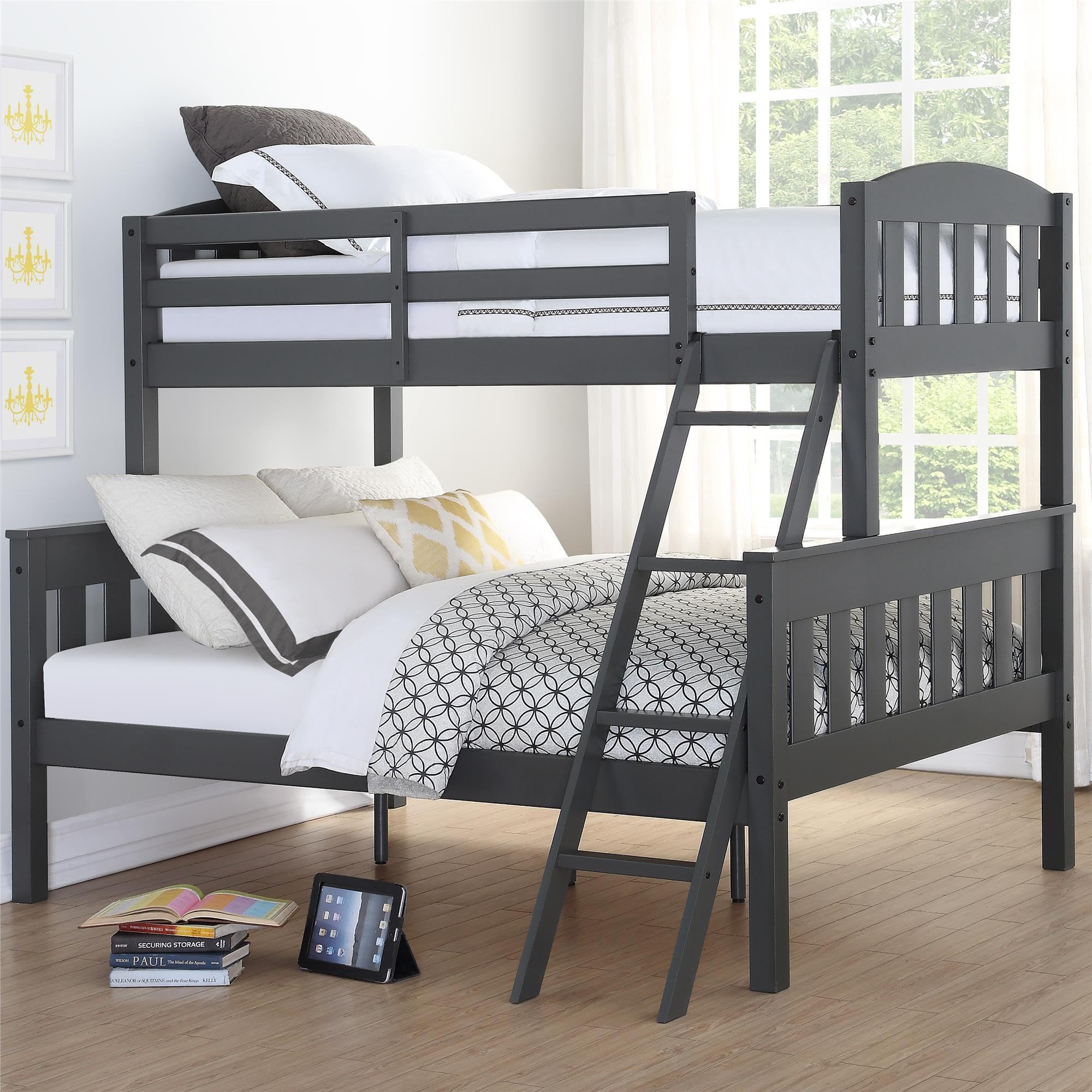 DHP Airlie Convertible Wood Bunk Bed - Twin Over Full Stackable & Detachable Bed Frame for Kids & Teens - Angled Ladder & High Guardrail - No Box Spring Needed - Slate Gray - Perfect for Small Rooms, Shared Kids' Bedrooms & Sleepovers