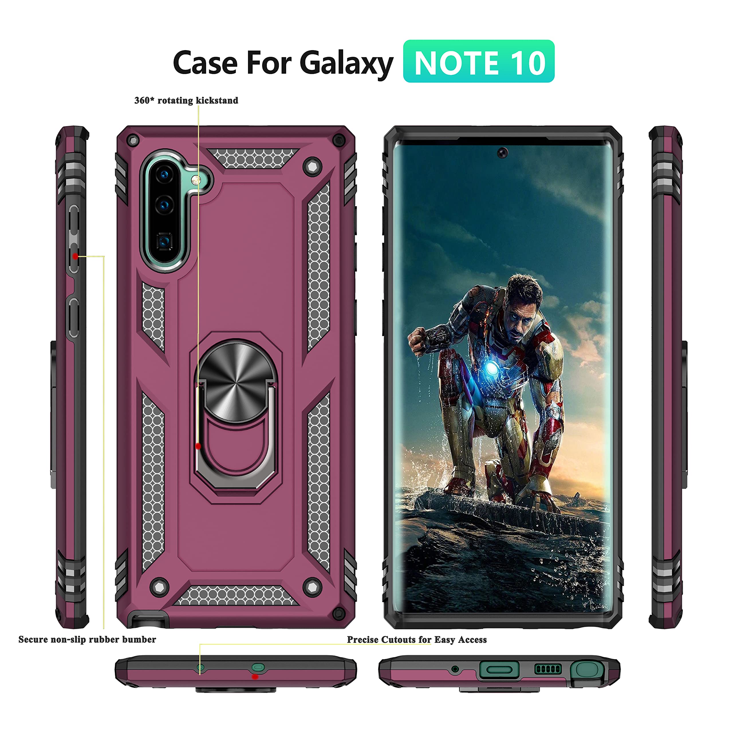 Galaxy Note 10 Case with [2 Pack] 3D Curved Tempered Glass Screen Protector & Magnetic Car Mount Holder - Wine Red - Perfect for Driving, Work, and Daily Protection