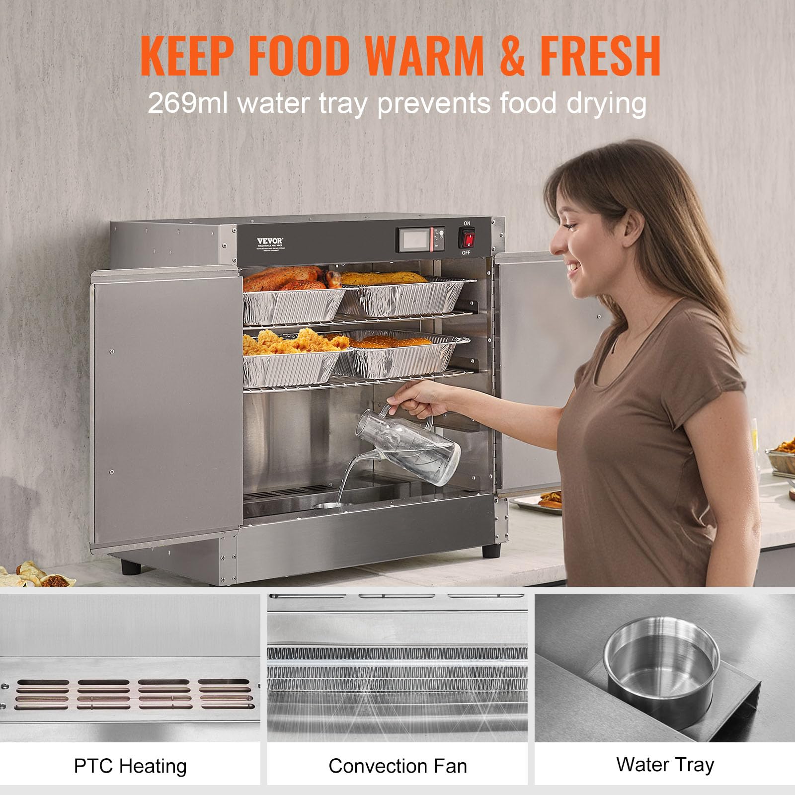 VEVOR 4-Tier Commercial Food Warmer Cabinet - Stainless Steel Concession Warmer with Water Tray, 4 Pans & Adjustable Shelves - Perfect for Restaurants, Catering & Pizza Shops - Keep Pizza, Chicken & Meals Hot for Serving