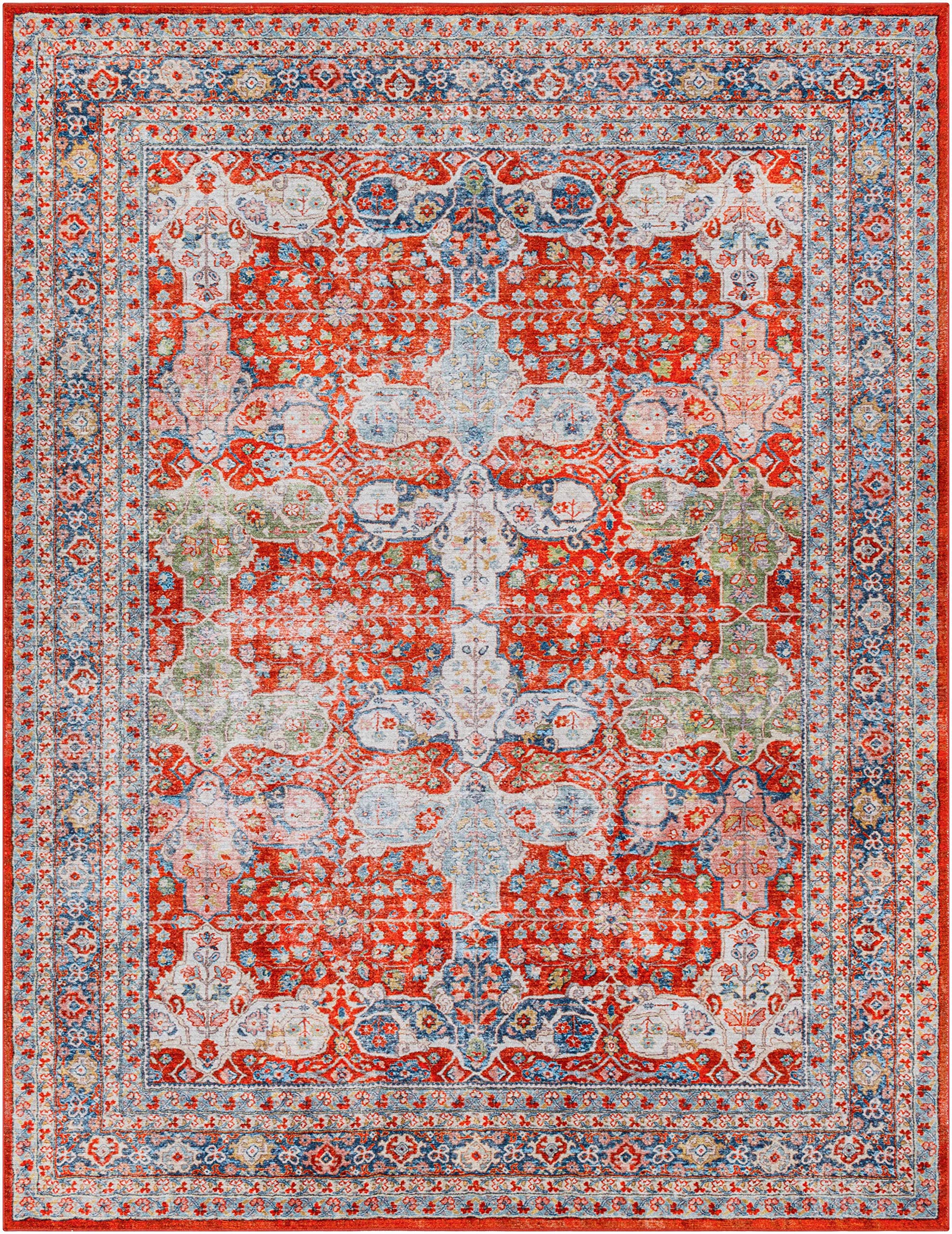 Machine Washable Hauteloom Kangundo Traditional Area Rug - Red, Navy, Denim - 6'7