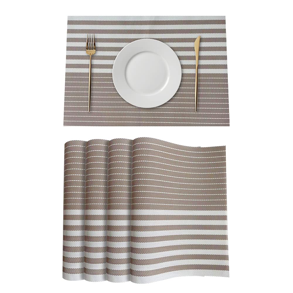 Heat-Resistant PVC Placemats Set of 4 - Washable Kitchen & Dining Table Mats for Everyday Use, Parties & Formal Dinners (Brown Stripes)