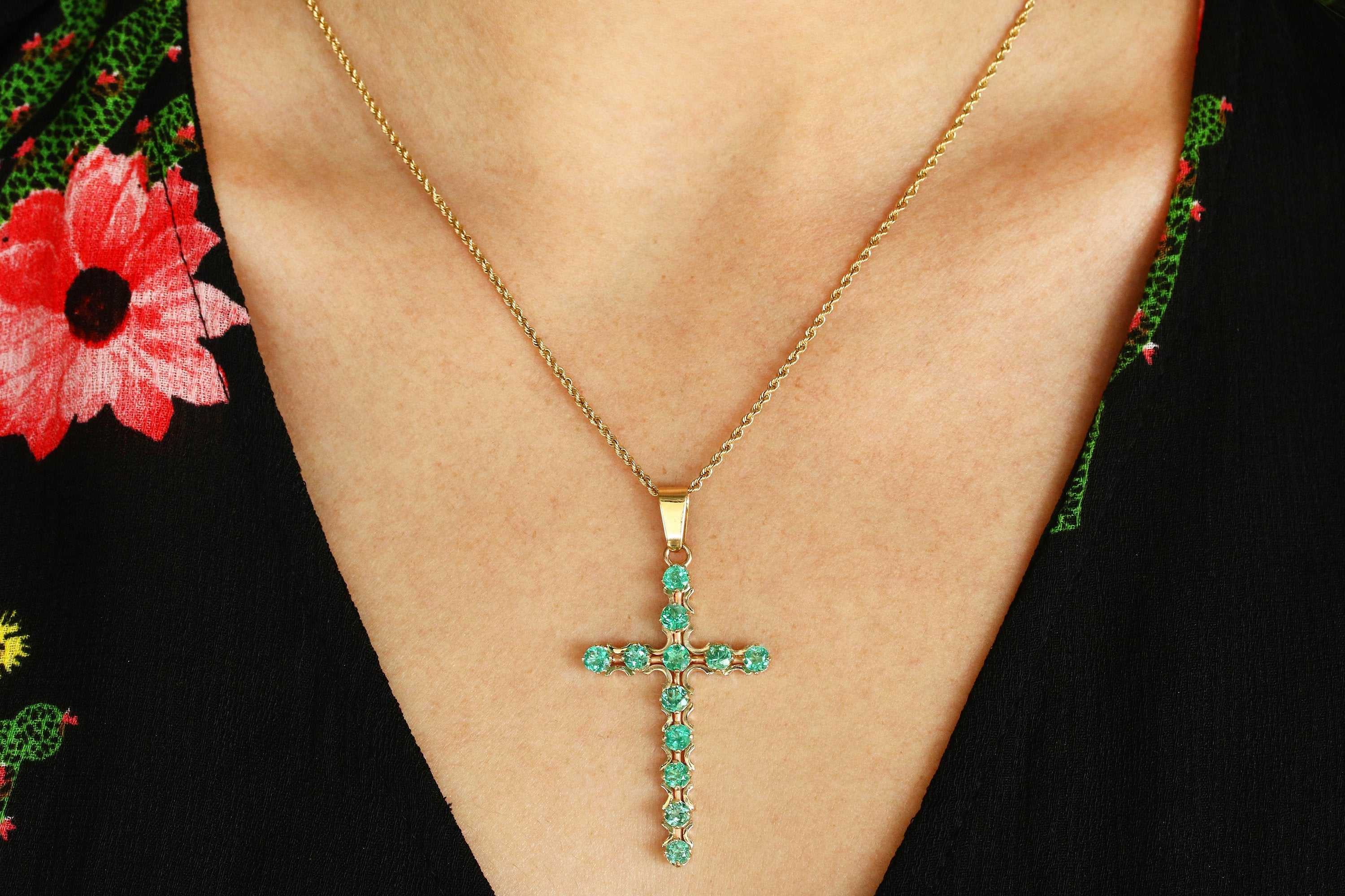 2.50tcw Rich Green Emerald Classic Cross Tennis Pendant - Unisex 14K Gold Jewelry for Men & Women - Perfect for Gifts, Weddings & Everyday Wear