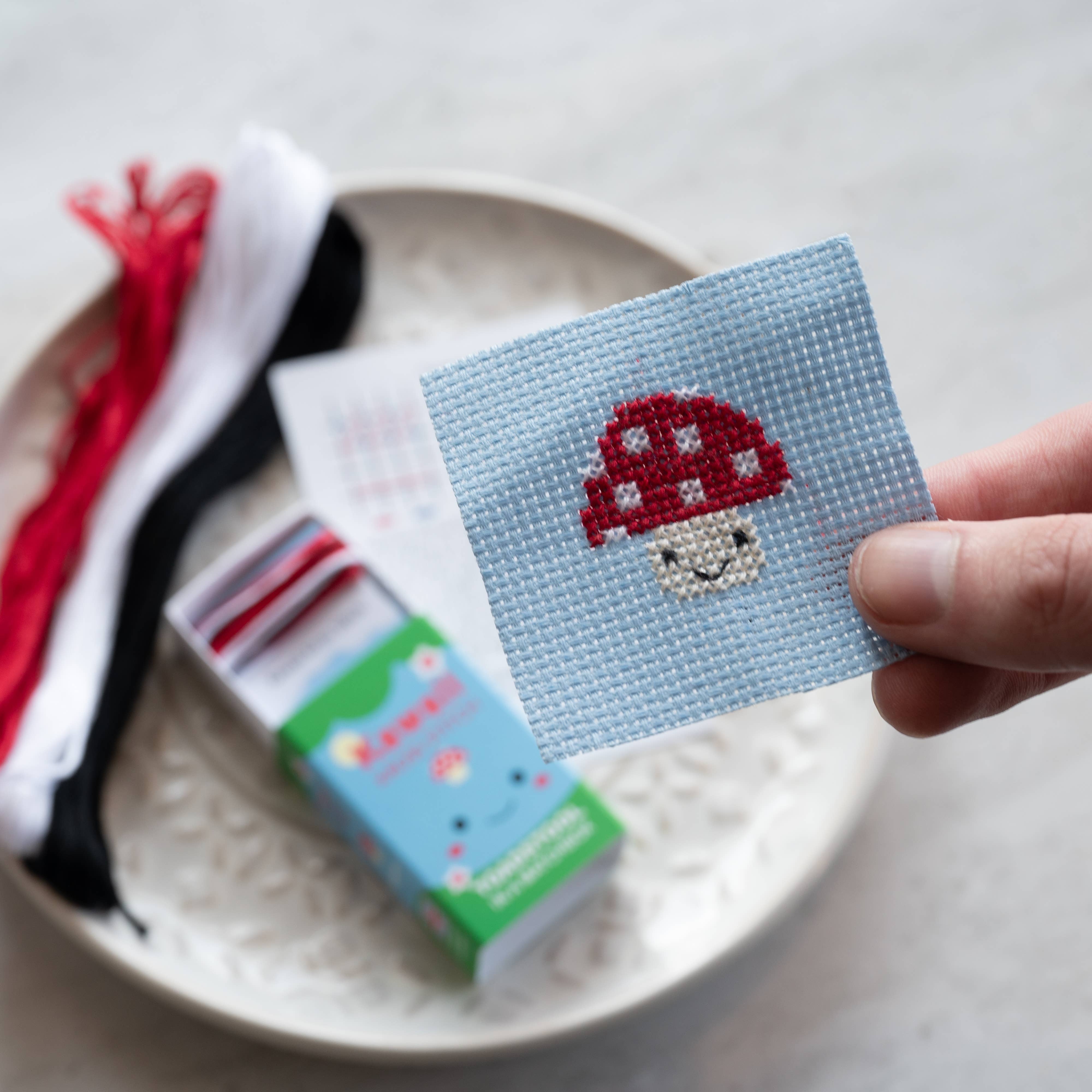 Adorable Kawaii Toadstool Mini Cross Stitch Kit in Matchbox - DIY Embroidery Starter Set for Beginners, Perfect for Crafting, Gifts & Home Decor
