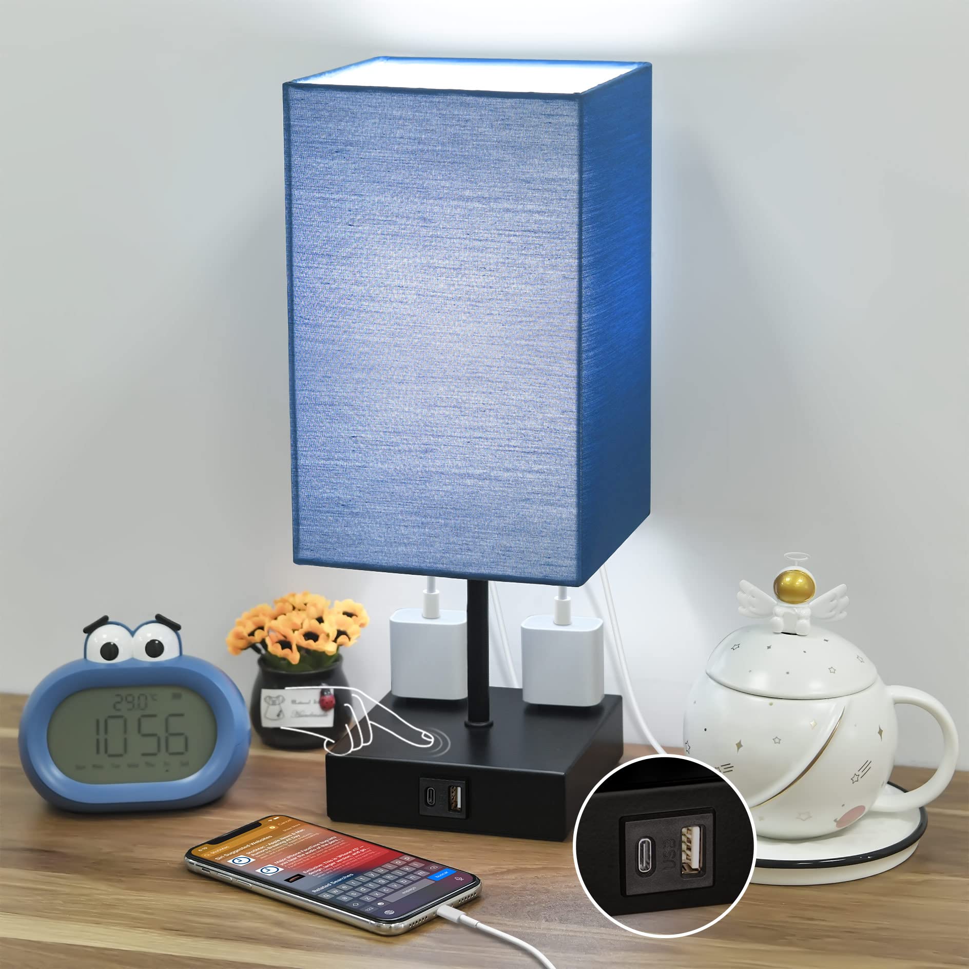 Sailstar Upgraded Table Lamp with USB-C & USB-A Charging Ports + 2 AC Outlets - Navy Blue 3-Way Dimmable Touch Bedside Lamp for Bedroom, Nightstand, Living Room, Office | Includes LED Bulb | Perfect for Reading, Charging Devices & Ambient Lighting
