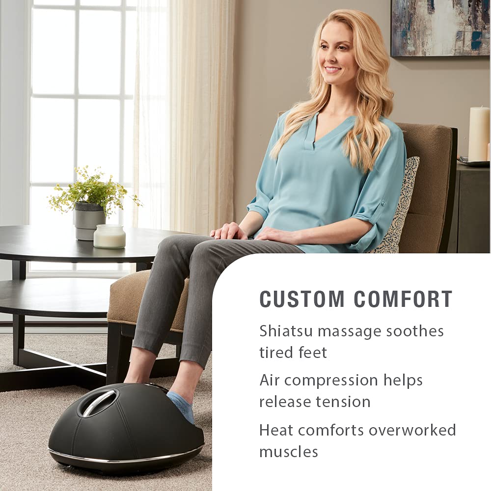 Brookstone Shiatsu Foot Massager with Heat - 3 Massage Programs, Air Compression & Deep Kneading for Pain Relief - Perfect for Home, Office & Relaxation (Grey)