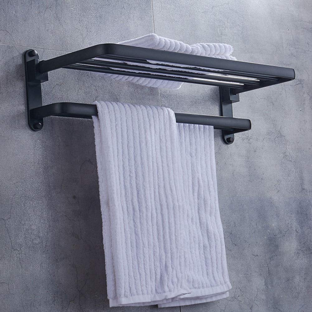 Sturdy Aluminum Alloy Double Layer Foldable Towel Rack - Black Bathroom & Kitchen Shelf for Hand Towels, Robes & Storage | Space-Saving Wall Mount Design for Small Spaces