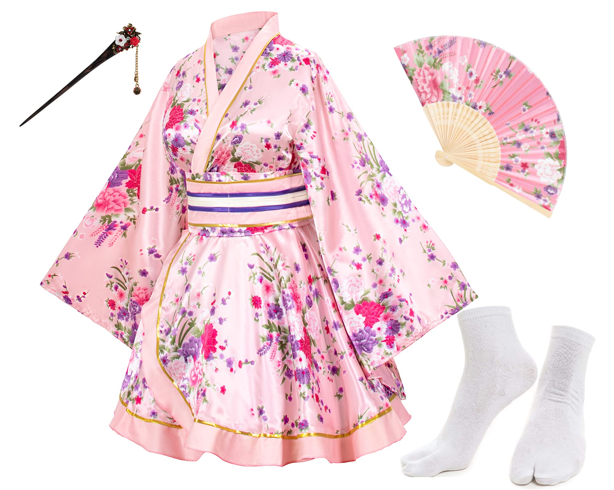 Japanese Anime Women's Dance Kimono Robe Costume Set with Silk Folding Fan, Tabi Socks & Hair Sticks - Traditional Cosplay Outfit for Halloween, Stage Performances & Themed Parties