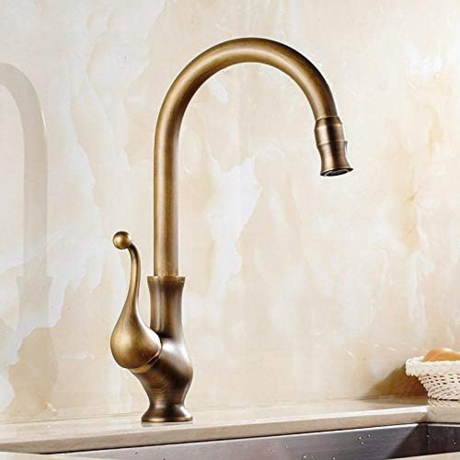 CRJUS 360 Degree Rotating Antique Brass Kitchen Faucet - Single Handle Hot and Cold Water Tap for Modern Farmhouse & Vintage Style Kitchens | Perfect for Sinks, Washing Dishes & Food Prep