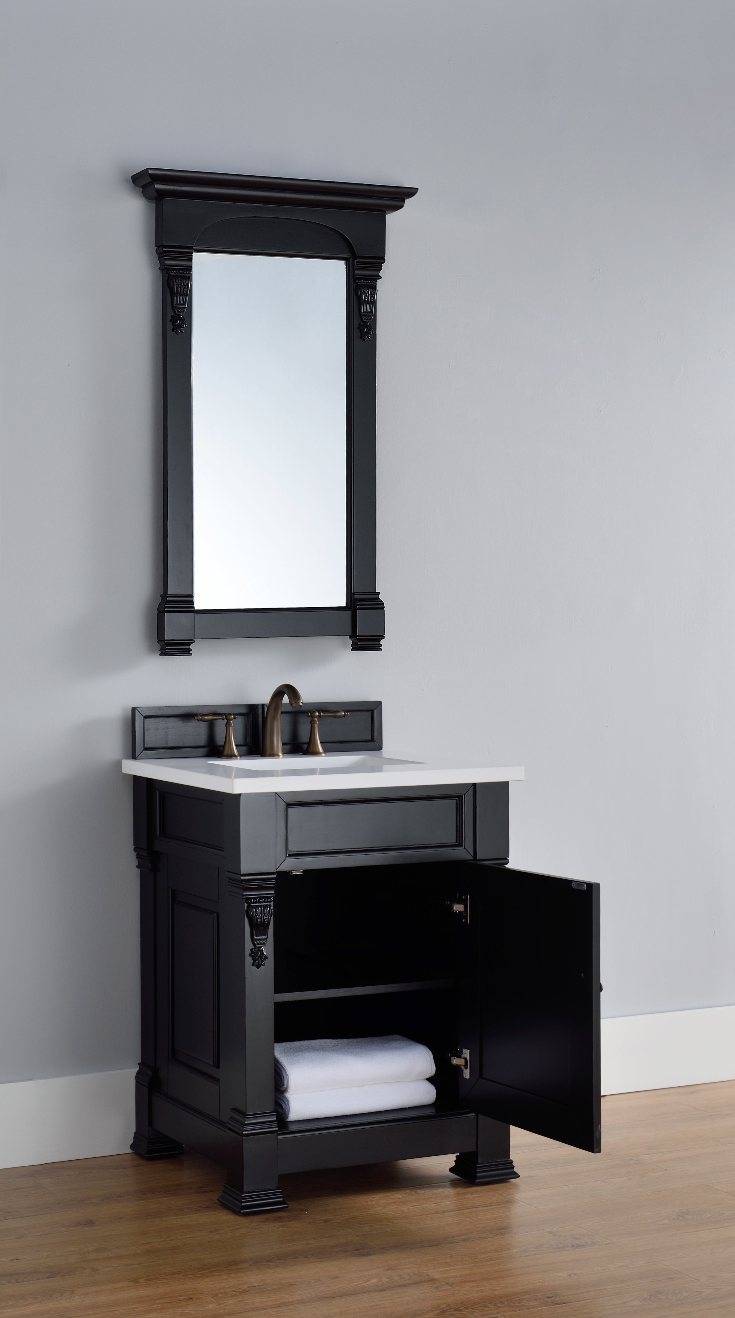 Brookfield 26 Inch Single Bathroom Vanity Set with Antique Black Finish & 3CM Classic White Quartz Countertop – Perfect for Small Bathrooms, Powder Rooms & Guest Suites