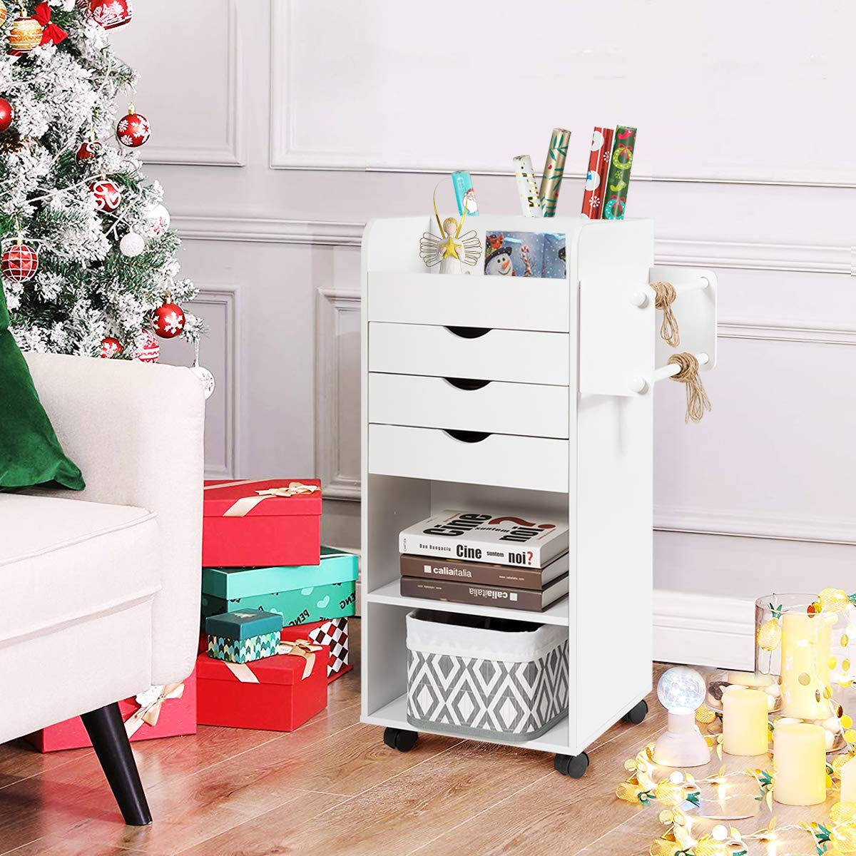 Tangkula 3-Drawer Rolling Storage Cart with Lockable Casters - Wooden Mobile Utility Cabinet with 3 Open Shelves for Home Office Organization - Perfect for Office Supplies, Craft Storage & Kitchen Pantry Organization