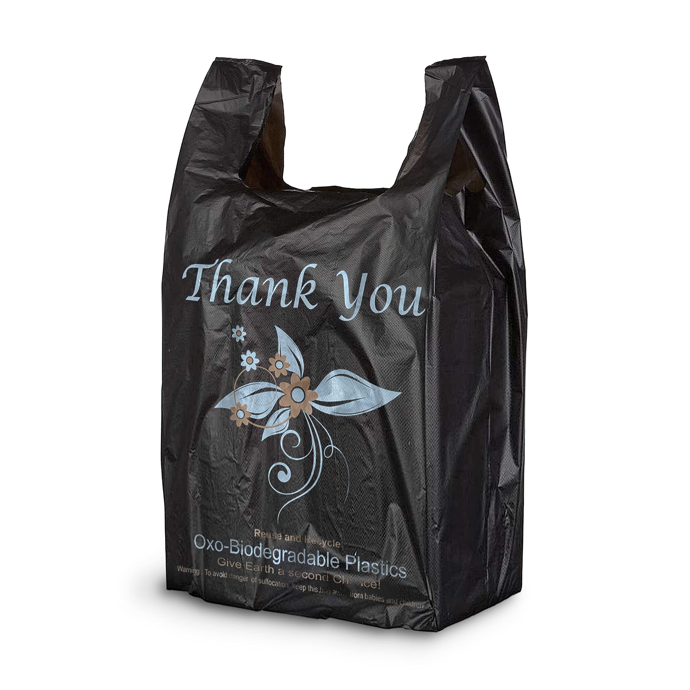 APQ 400 Pack Thank You Plastic Bags 18x8x32 Inches - 18 Micron Thick Black T-Shirt Carry Out Bags | Durable Preprinted Retail Shopping Bags for Stores, Restaurants & Clothing Boutiques | Perfect for Gift Packaging, Takeout Orders & Customer Purchases
