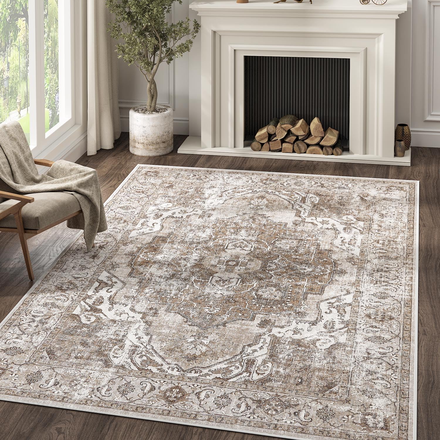 Jinchan 6x9 Washable Vintage Area Rug - Non-Slip Thin Indoor Rug for Living Room, Bedroom, Kitchen & Dining Room - Distressed Taupe Multi Lightweight Floor Cover | Perfect for Home Decor, Cozy Spaces & High Traffic Areas