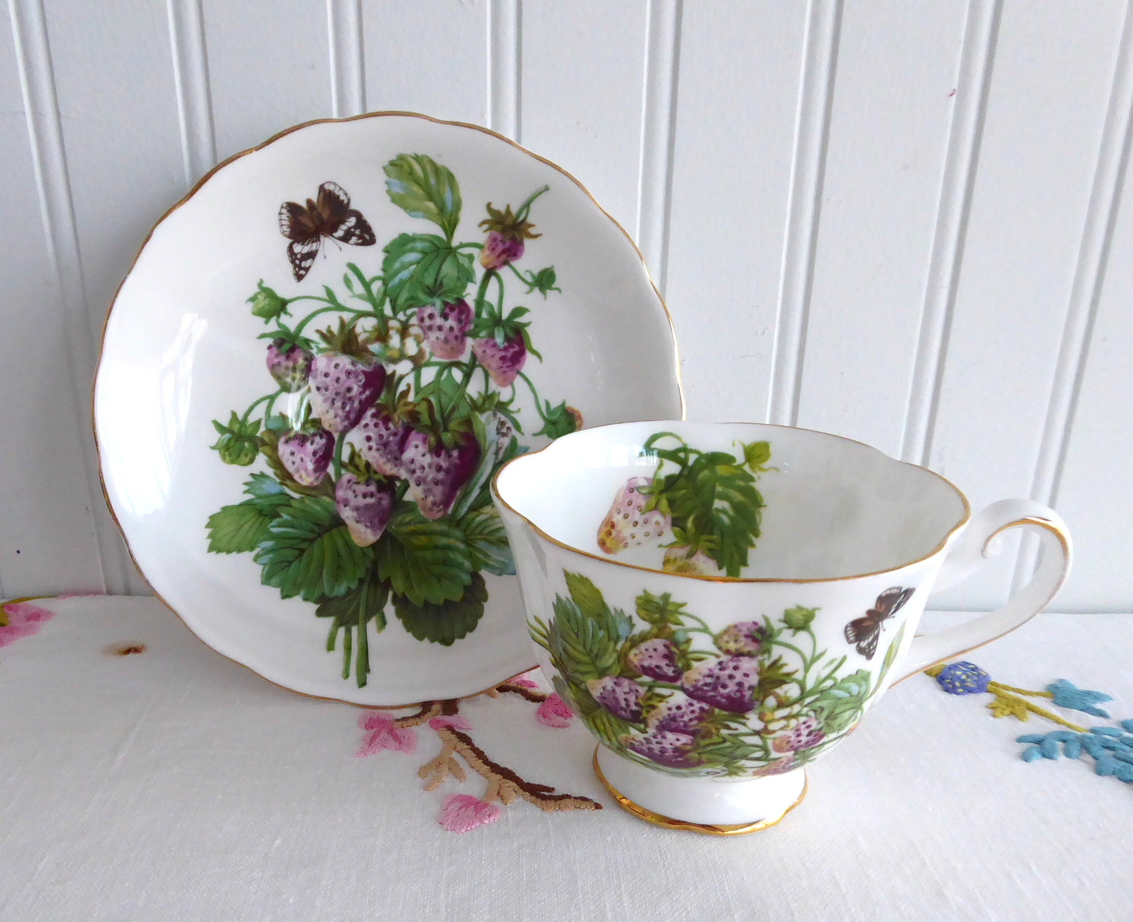 Vintage Royal Chelsea Fruit Cup and Saucer Set - England 1960s Floral Design with Pears, Strawberries & Butterflies - Perfect for Afternoon Tea, Collectible Fine China Display