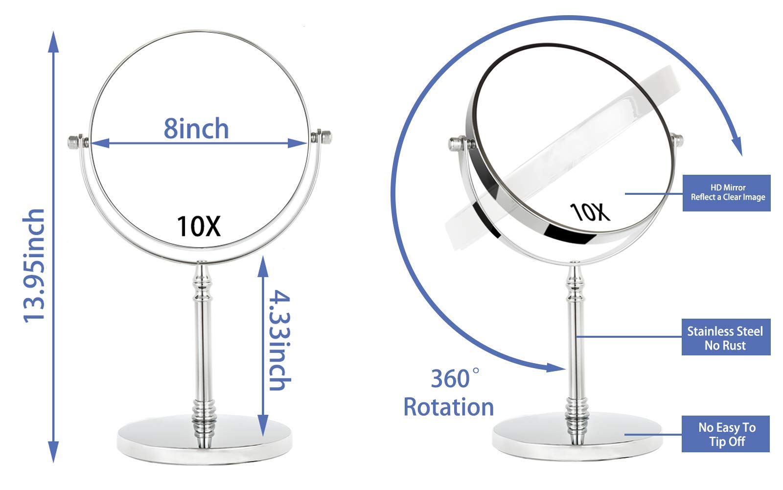 8 Inch 10X Magnifying Mirror with Round Stand - Double Sided 10X/1X Makeup Mirror for Tabletop, Vanity Desk & Bathroom - Perfect for Makeup Application, Skincare Routine & Eyebrow Grooming