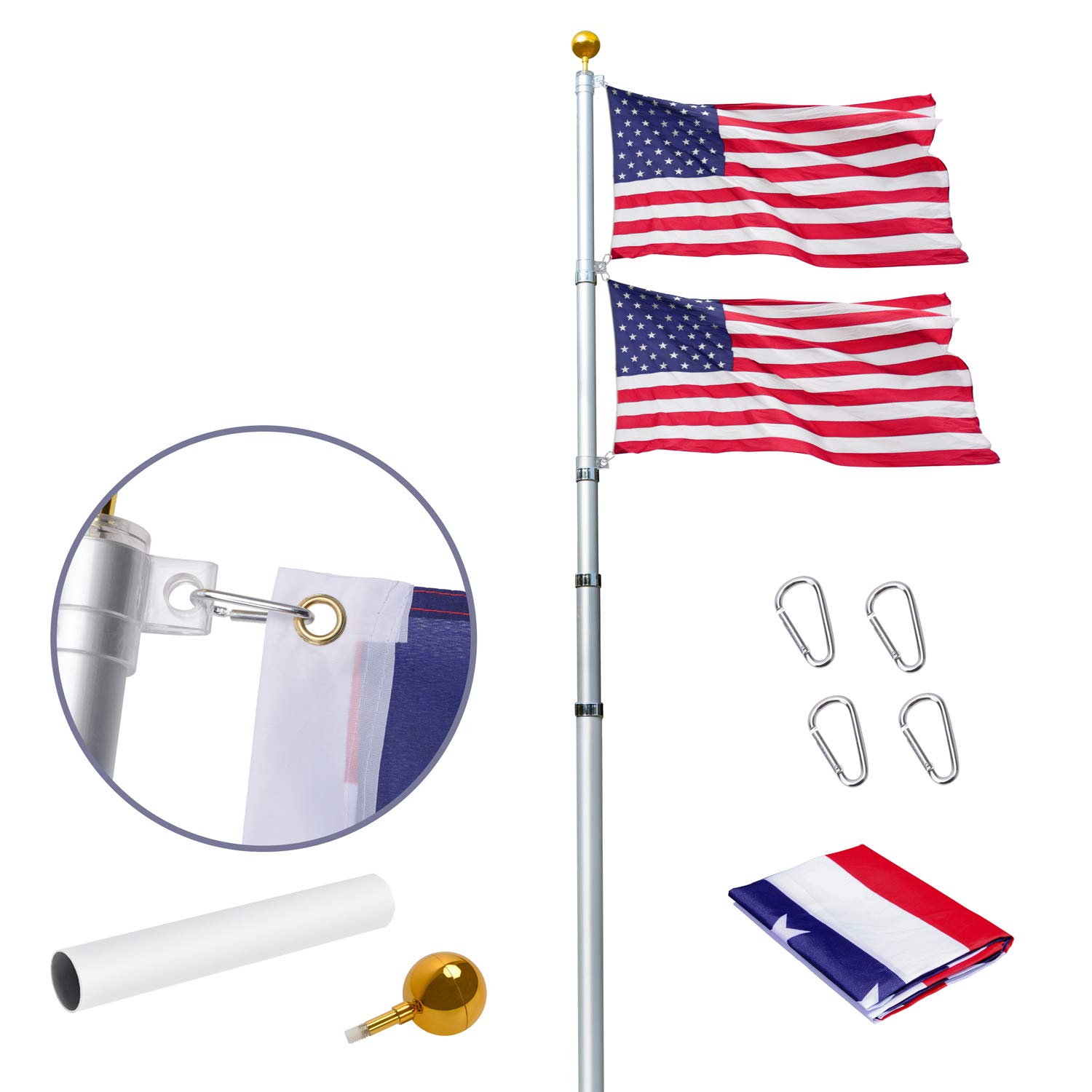 **30Ft Heavy Duty Aluminum Telescoping Flag Pole Kit - 14 Gauge, 2 Flags Capacity with 3x5 American Flag & Golden Ball Top - Ideal for Commercial, Residential, Schools & Patriotic Events**