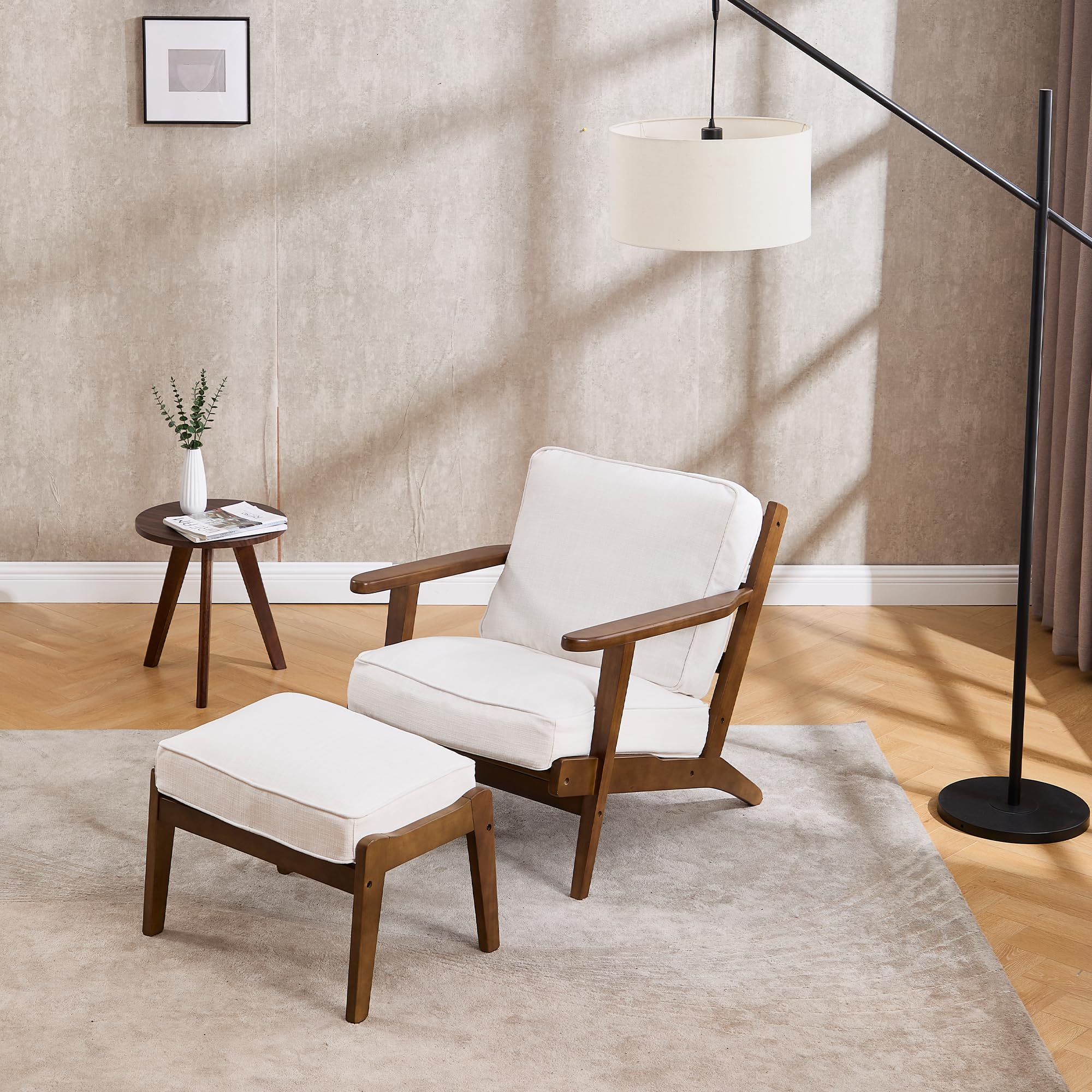 Mid Century Modern Accent Chair with Ottoman - Solid Wood Frame Upholstered Fabric Armchair for Living Room, Bedroom, Reading Nook - Elegant Beige Lounge Chair for Relaxation & Home Decor