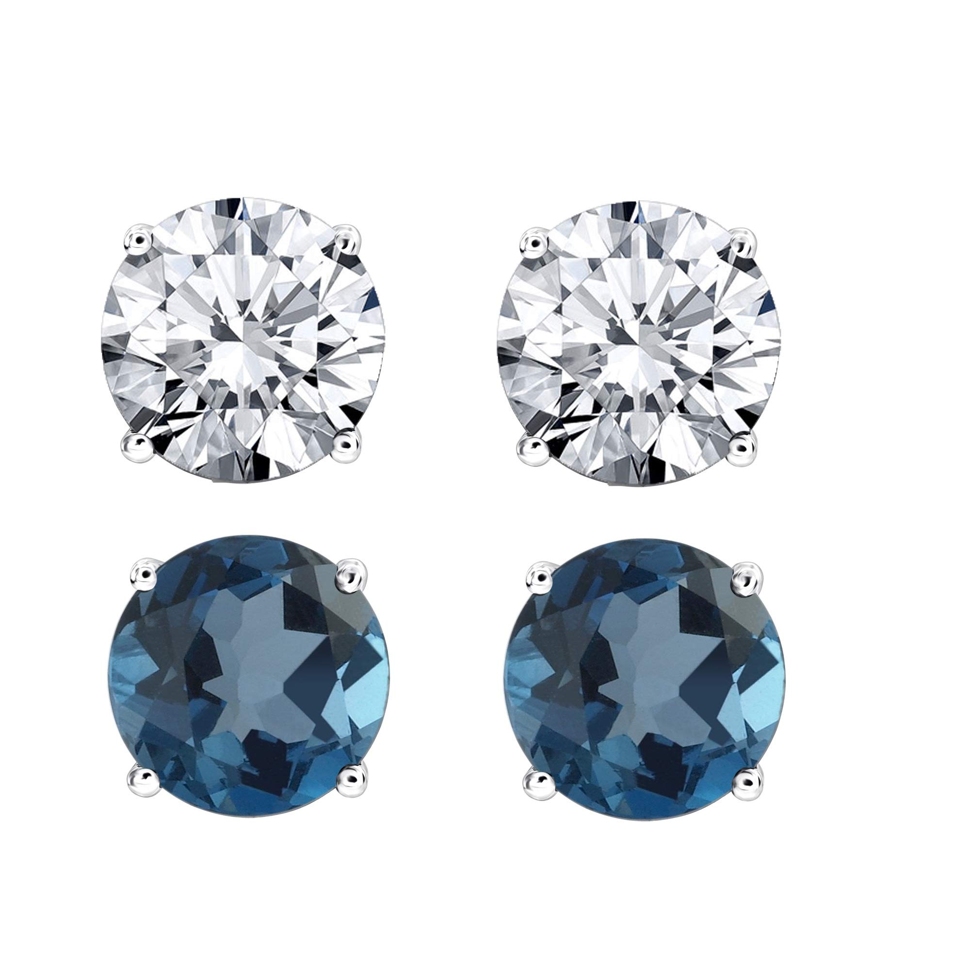 Natural London Blue Topaz & White Topaz Sterling Silver Stud Earrings Set of 2 | Dainty Everyday Jewelry for Women | Perfect Gift for Birthday, Anniversary & Special Occasions
