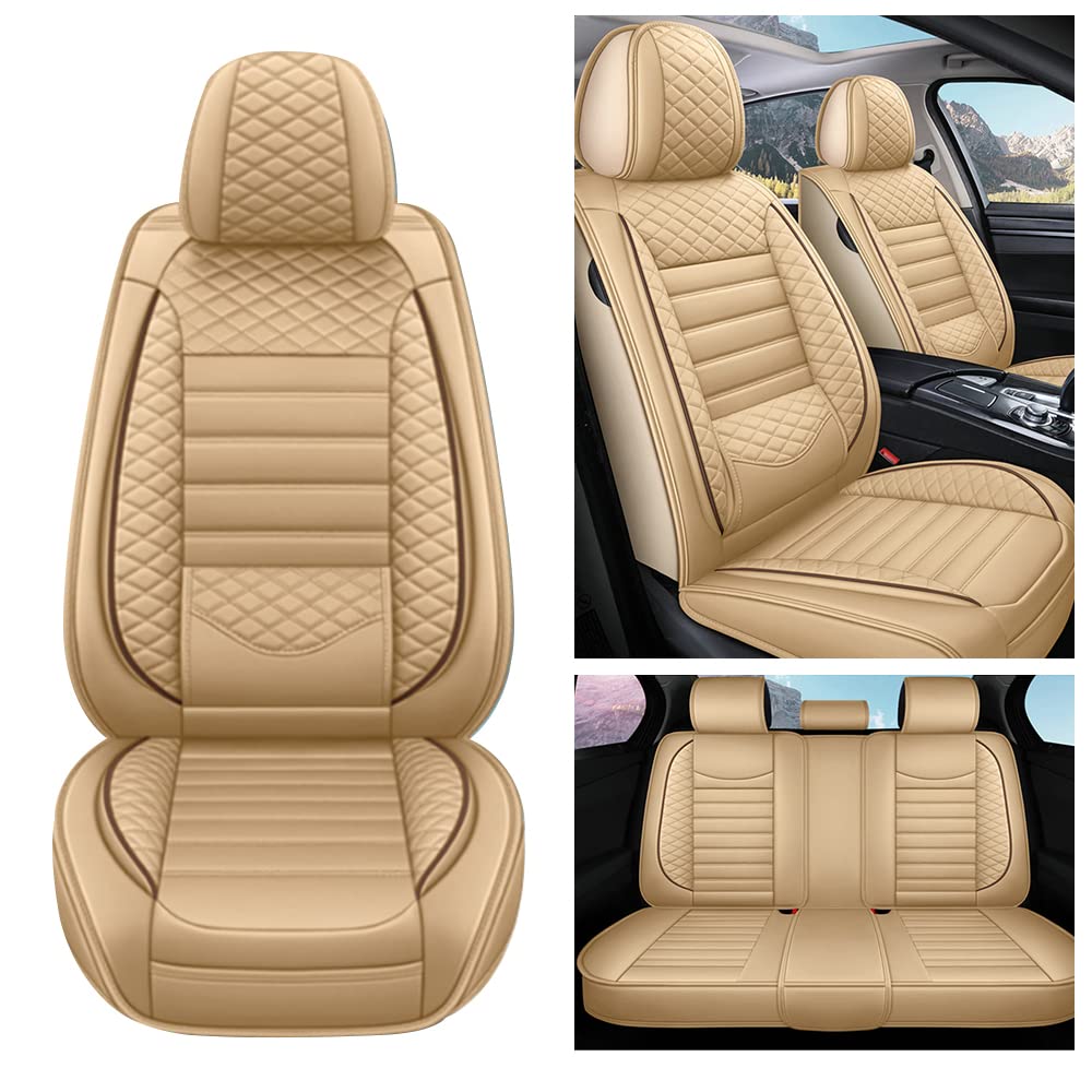 Premium PU Leather Car Seat Covers Full Set for Kia Rio 2000-2003 & 2011-2021 Models - 5-Seat Full Coverage Waterproof Seat Protectors with Airbag Compatibility (Beige) | Perfect for Daily Commuting, Road Trips & Protecting Your Vehicle Interior