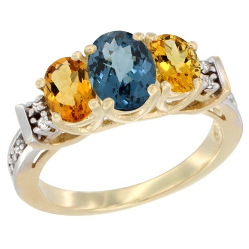 14K Yellow Gold Natural London Blue Topaz & Citrine Ring with 3-Stone Oval Diamond Accent - Elegant Birthstone Jewelry for Women, Perfect for Anniversary, Birthday, Valentine's Day Gifts