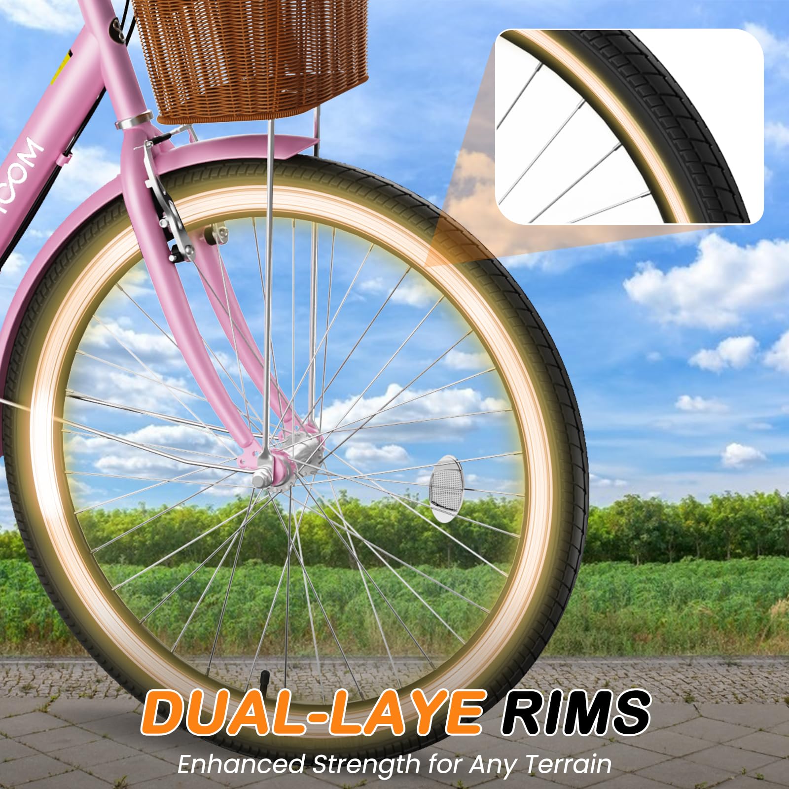 MOPHOTO Women's 7-Speed Beach Cruiser Bike - 24 & 26 Inch Step-Through City Commuter Bicycle with Rattan Basket for Adults, Girls & Ladies - Perfect for Coastal Rides, Urban Commuting & Leisure Cycling